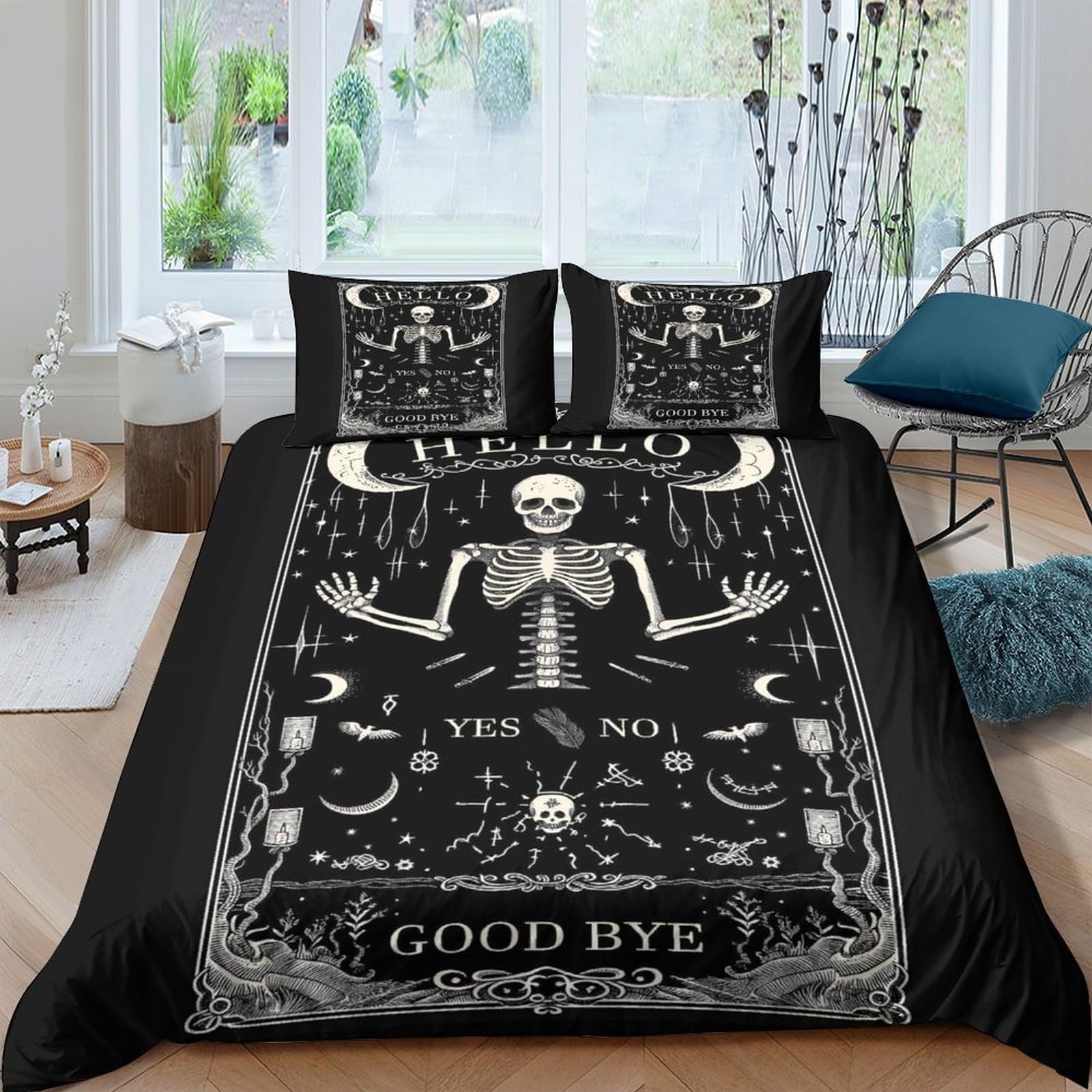 Ctjqhvkz Style-2 3D Printed Gothic Skeleton Fitted Sheet Microfiber Black Ouija Board Bed Cover Anti-Slip Machine Washable Bedroom Decor Single（135X200cm）