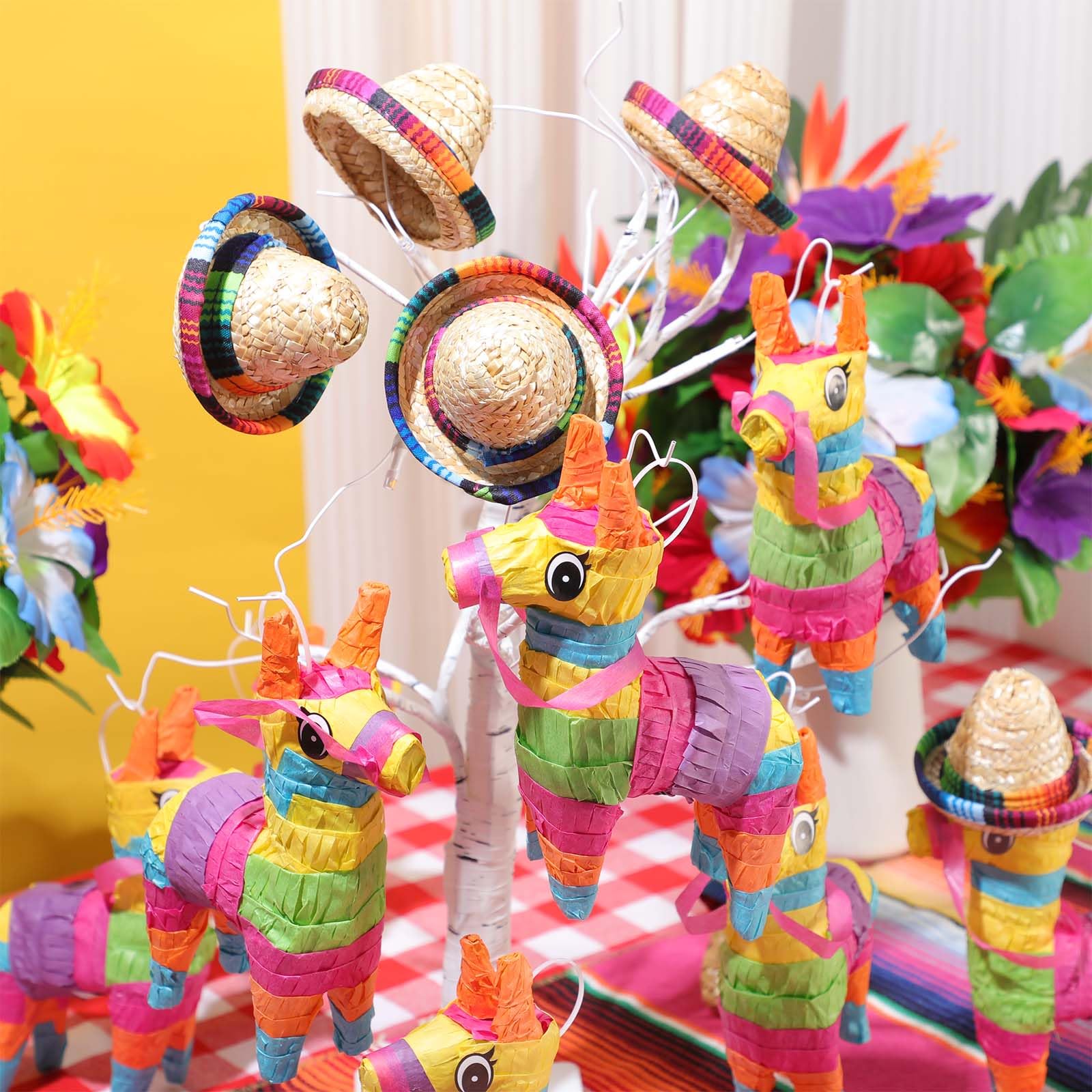 Soulchen Set di 12 centrotavola decorativi per festa messicana, include mini piñata arcobaleno lama e mini cappello messicano in paglia naturale messicana festa di compleanno forniture per feste