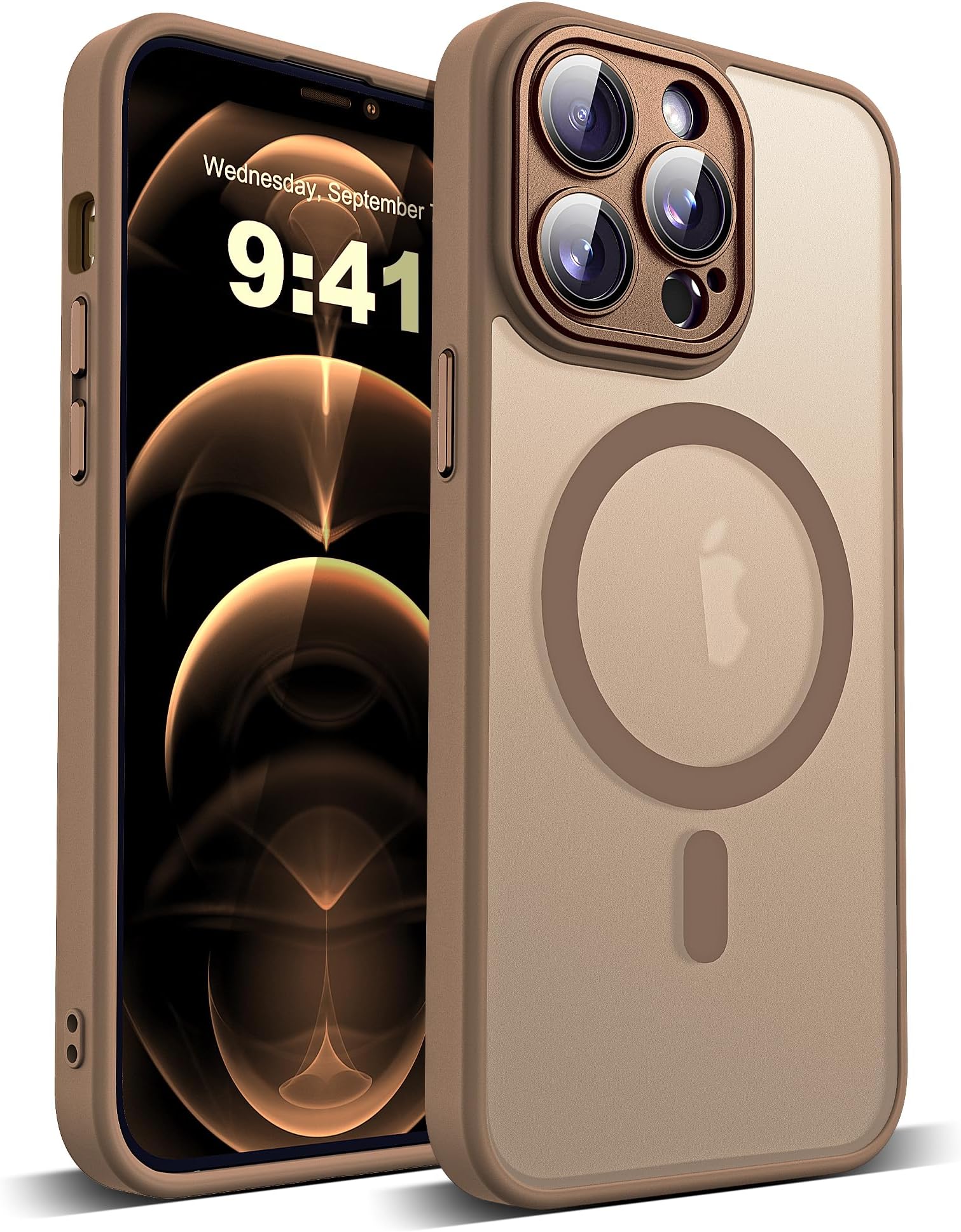 YEMORAN Compatible with iPhone 12 Pro Case with Built-in Camera Lens Protector Translucent Magnetic 12 Pro Phone Case 6.1" [Compatible with Mag-Safe][Great Grip Feeling], Desert Brown