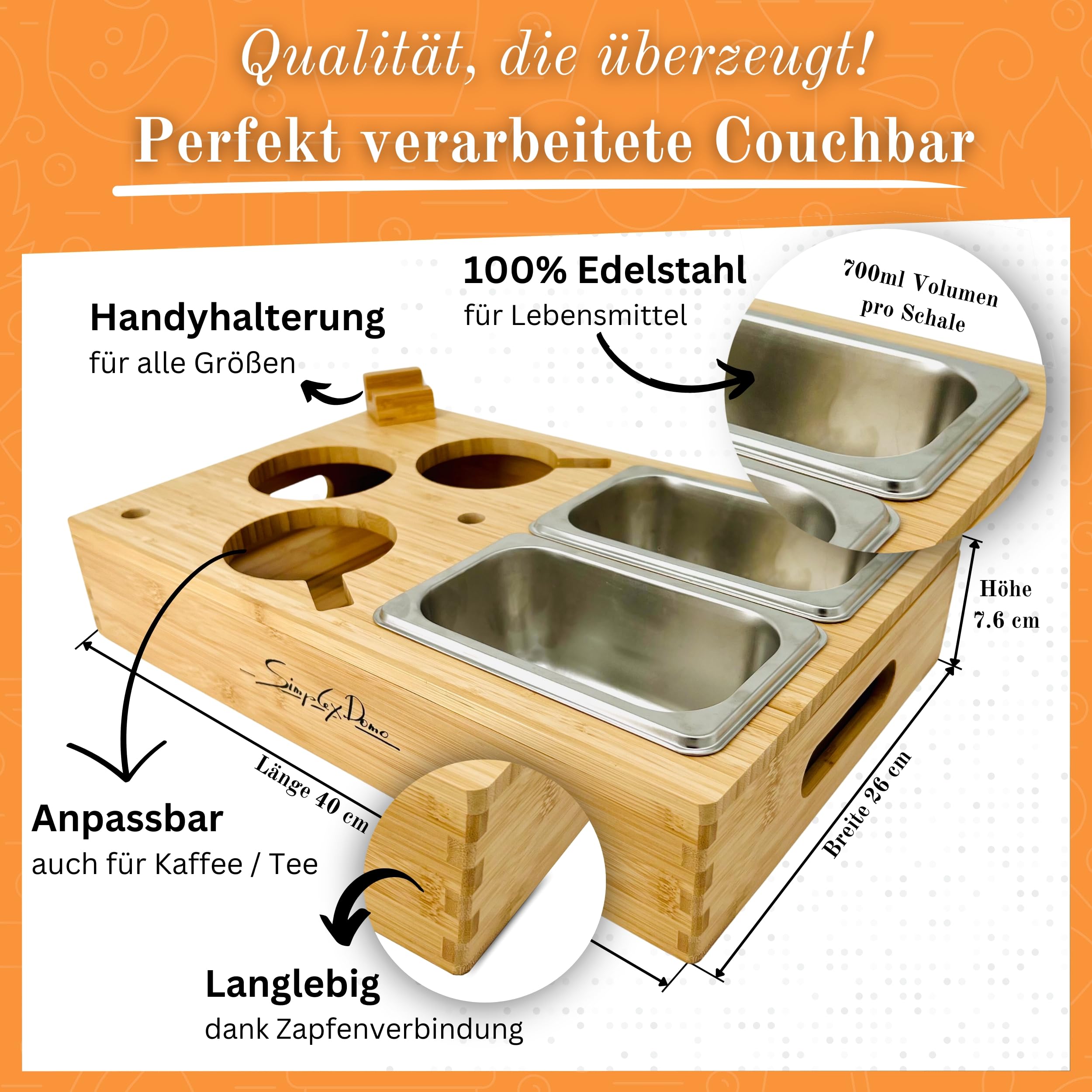 Couchbar Snackbox mit anpassbarer Couch Ablage für 2 Personen - Sofa Snackbar Organizer aus Bambus - Couchtablett mit Getränkehalter & Edelstahl Snackschalen - Sofatablett für Snacks & Getränke