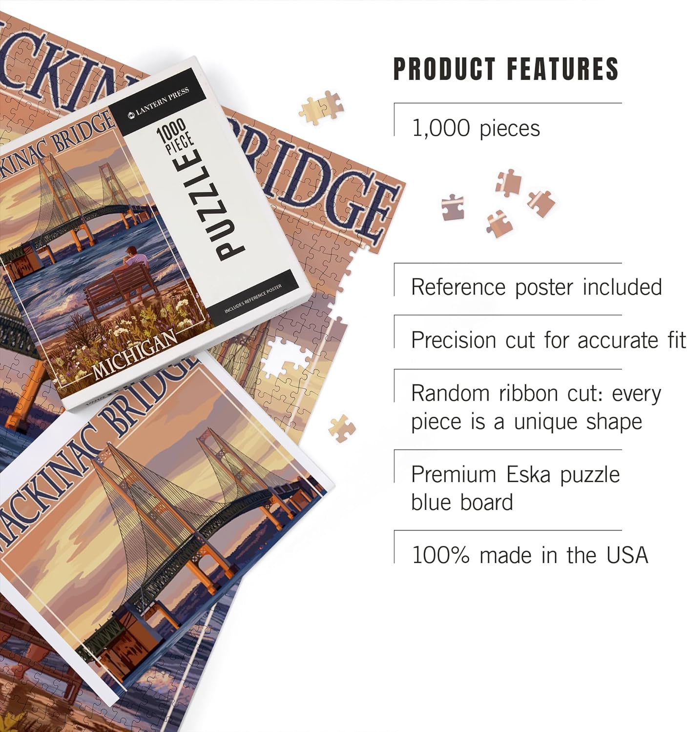 Mackinac, Michigan, Mackinac Bridge and Sunset (1000 Piece Puzzle, Challenging Jigsaw Puzzle for Adults, Made in USA)