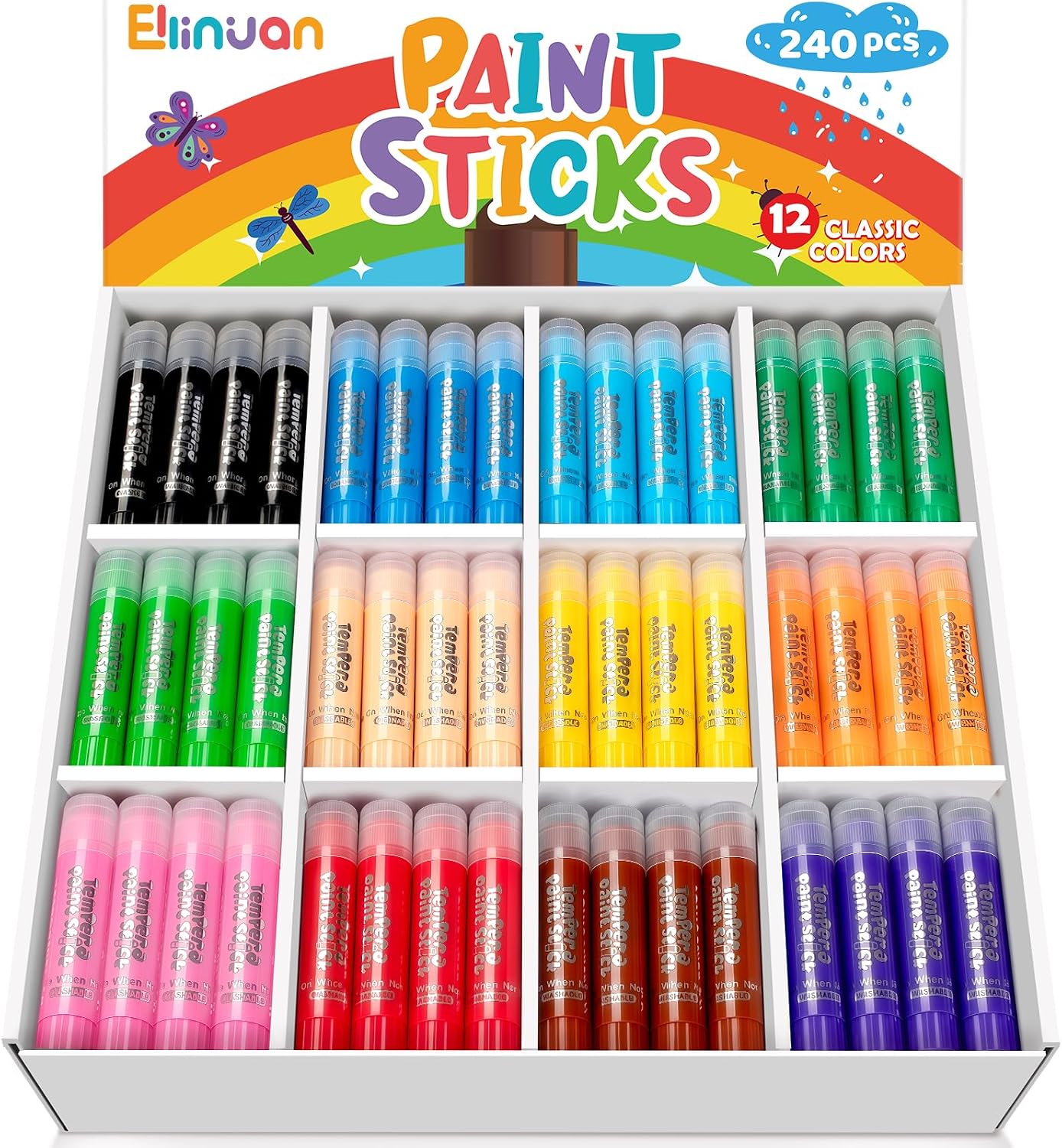 Ellinjan 240 Pcs Tempera Paint Sticks for Kids, 12 Classic Colors, Washable & Quick-Drying Twistable Solid Paint Sticks, Bulk Art Supplies for Drawing & Painting, Classroom School Supplies
