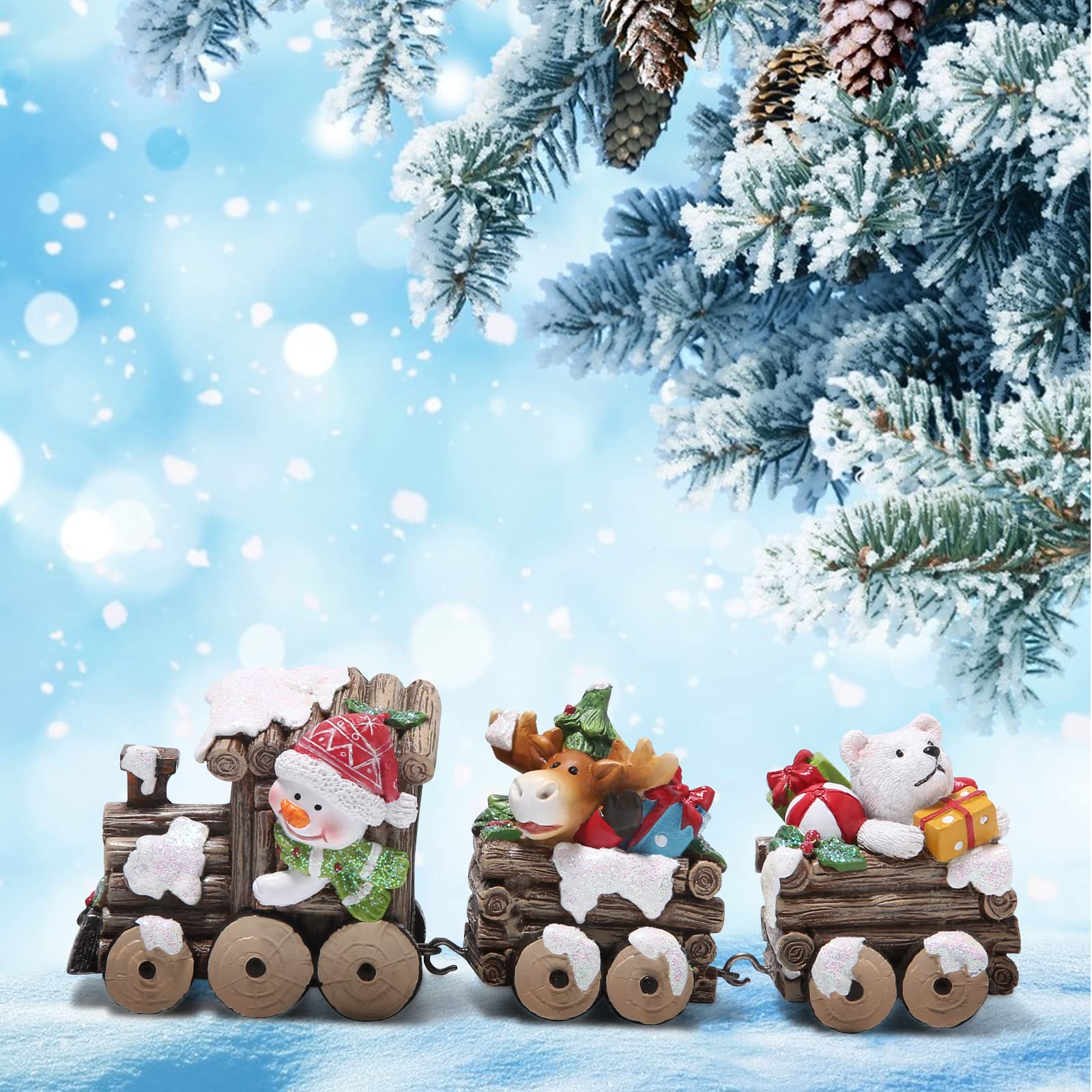 Hodao Christmas Decorations Indoor Home Decor Christmas Small Train Figurines Winter for Table Top Centerpiece Fireplace Decor Cute Christmas Train Decoration Gift (Wood Color Train)