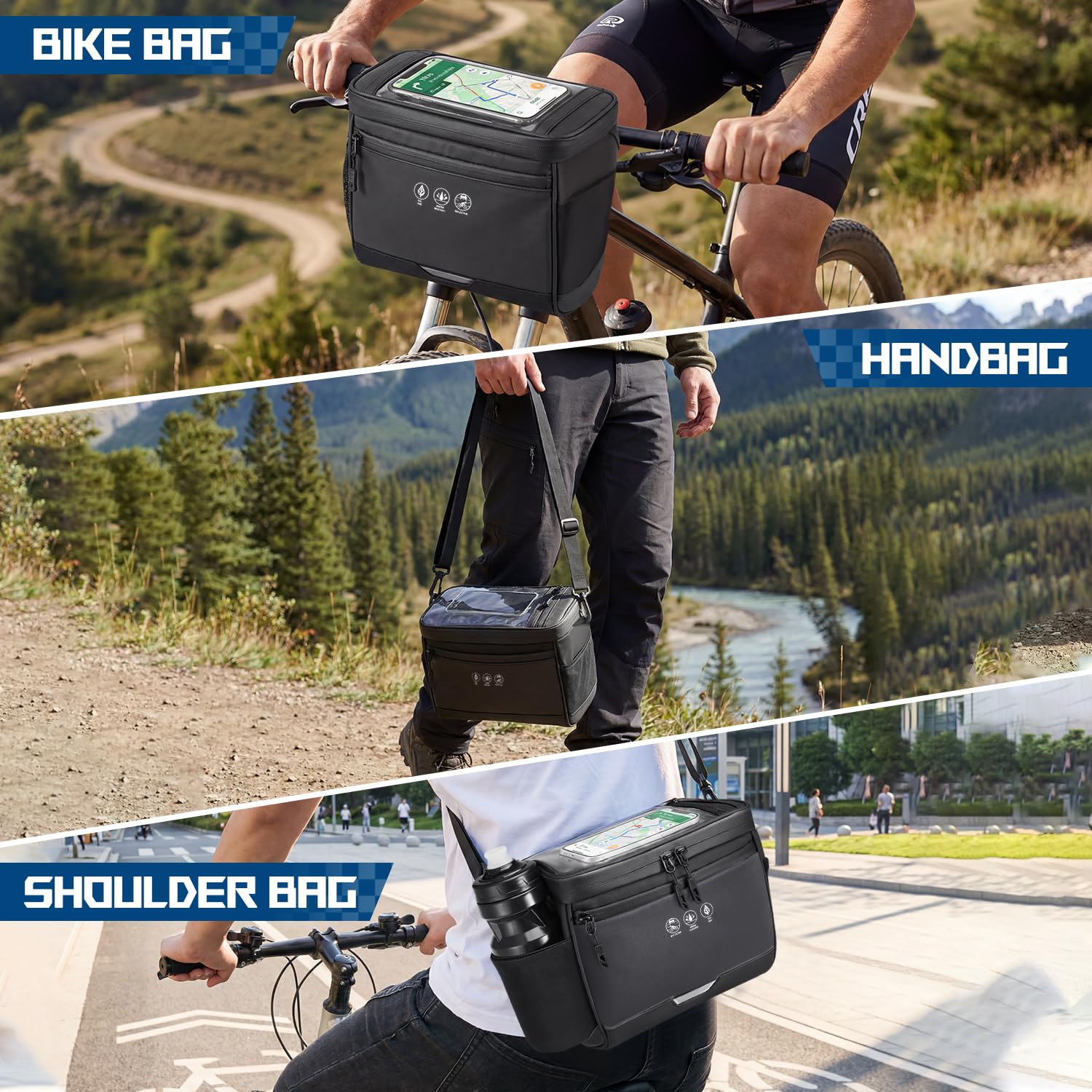 WOTOW Borsa da Manubrio per Bicicletta - Cestino Anteriore da 3,5L Resistente all'Acqua e Isolato con Copertura Antipioggia, Tasche e Tracolla, Pochette Riflettente per Bici da Strada e Mountain Bike