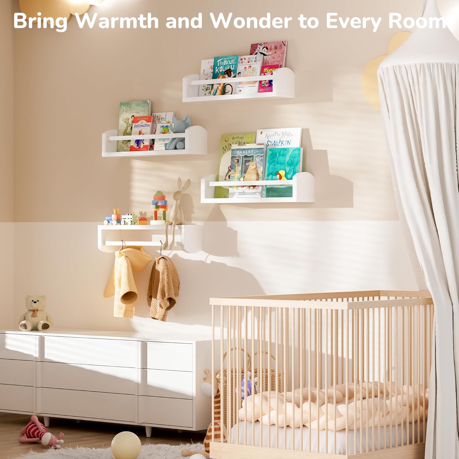 Nursery Book Shelves, 4 Pcs White Floating Shelves for Wall, 16.5 inch Solid Wood Scalloped Shelves, Wall Mounted Bookshelf for Toddler Room, Baby Room, Nursery Decor