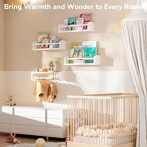 Miniatura 6 de Estantes para libros de guardería, 4 estantes flotantes blancos para pared, estantes festoneados de madera maciza de 16.5 pulgadas, estantería