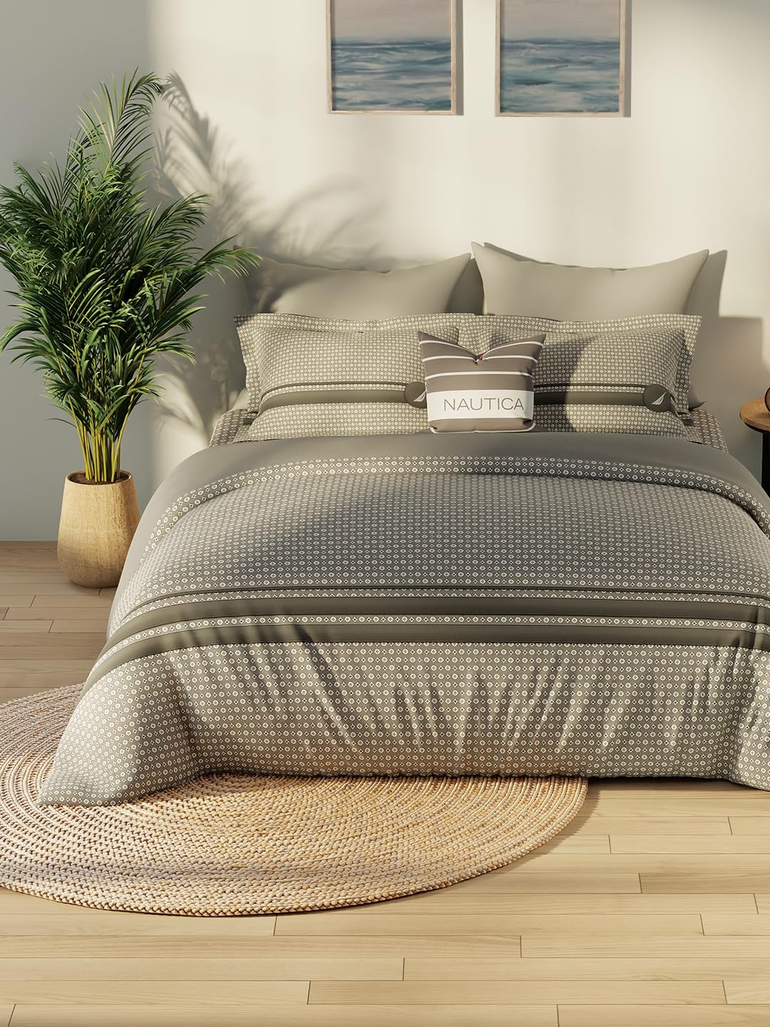 NAUTICA Luxurious 100% Egyptian Satin Cotton King Bedsheet with 2 Pillow Covers -3pc Set (Royal Cove 400) | 500 TC | Extra Soft Feel Abstract-Grey-picture-13