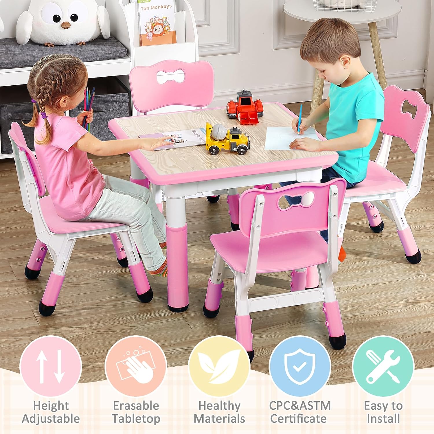 GarveeHome Kids Table and Chairs Set, Height Adjustable Desk for Ages 2-10,Arts & Crafts Table,Graffiti Desktop, Non-Slip Legs, Max 300lbs, Children Multi-Activity Table for Classrooms,Daycares,Home