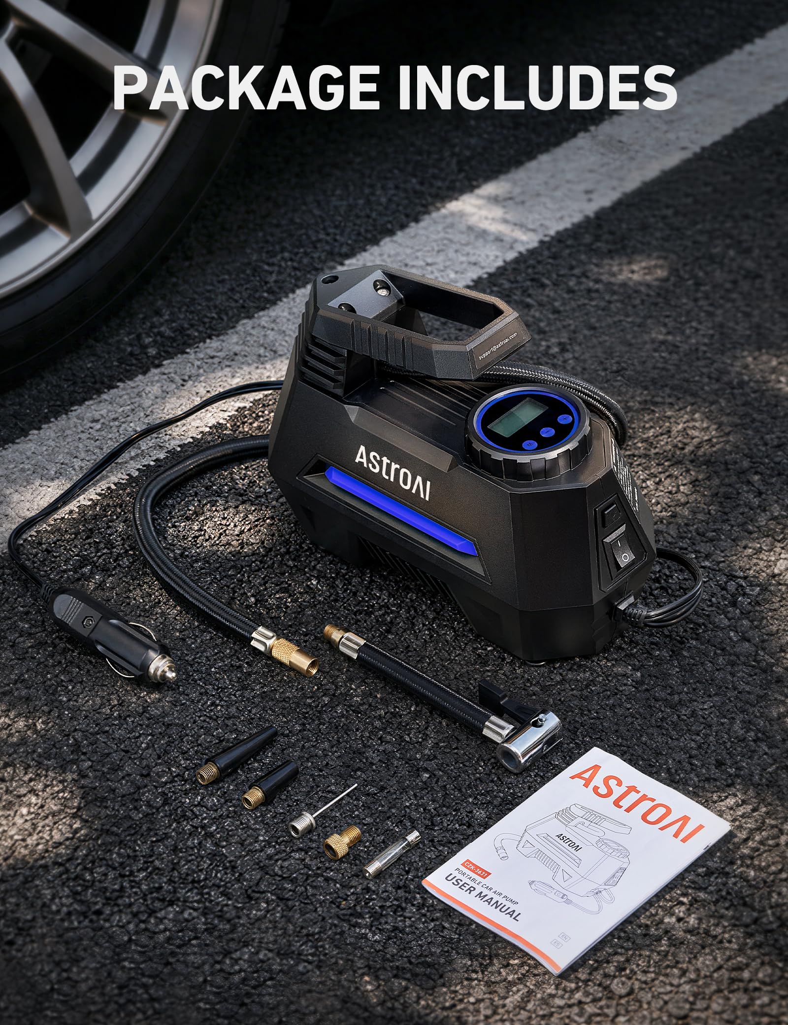 AstroAI AIRUN H Tire Inflator Portable Air Compressor, 12V DC Tire Inflator, Auto Shut-Off with Digital Pressure Gauge & LED Light, Fast Inflation for Car, Motorcycle, Bike Tires, 9.8Ft Cord, Blue view 8