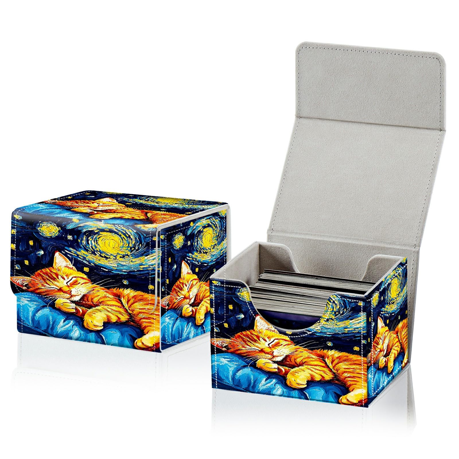 RWUTYTIUL Card Deck Box for MTG, Cards Storage Box Fits 120+ Sleeved, Leather Small Size Strong Magnetic Closing Card Case for Board Games Magic TCG CCG Baseball Collection, Galaxy Orange Cat