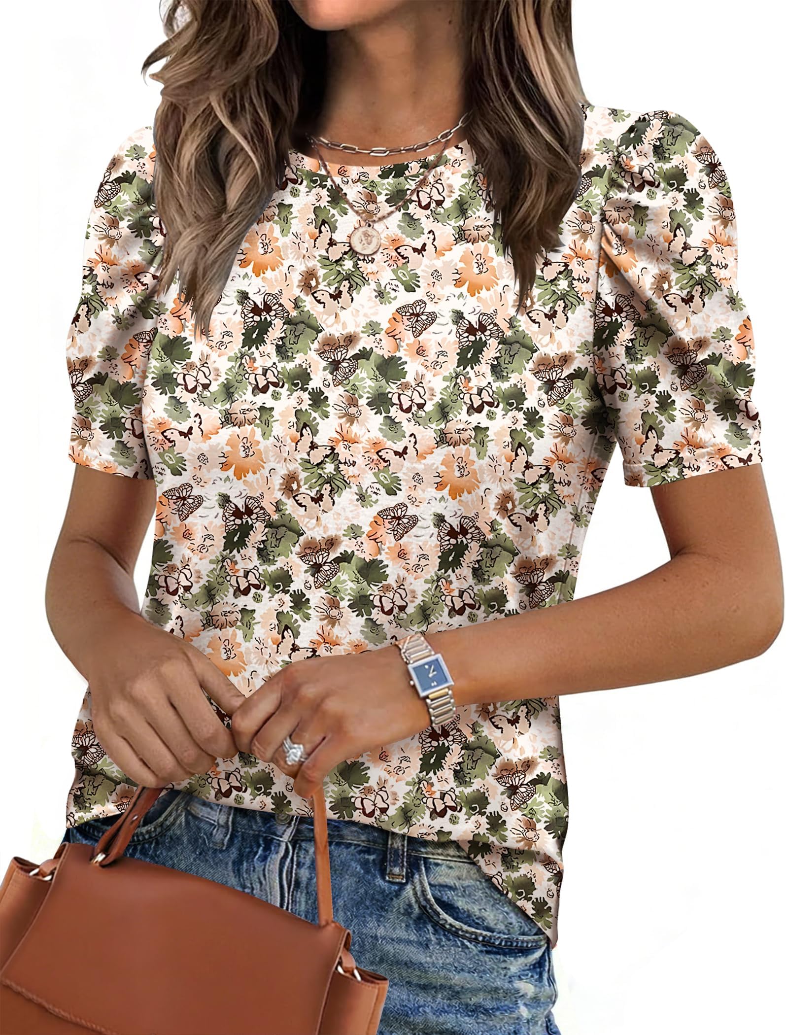 Blouse for Women Dressy Casual Puff Short Sleeve Boho Tops Fashion Floral Crew Neck Tunic Shirts Summer Clothes