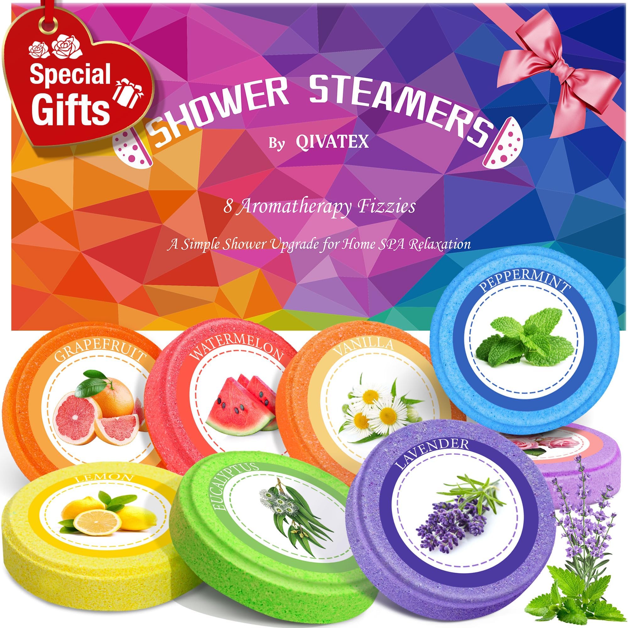 Qivatex Gifts for Women: Shower Steamers Aromatherapy Birthday Gifts SPA Stress Relief Essential Oil Bath Bombs Gift Set for Travel, Birthday, Thanksgiving, Advent Calendar, Christmas 2026 (8 Scents)