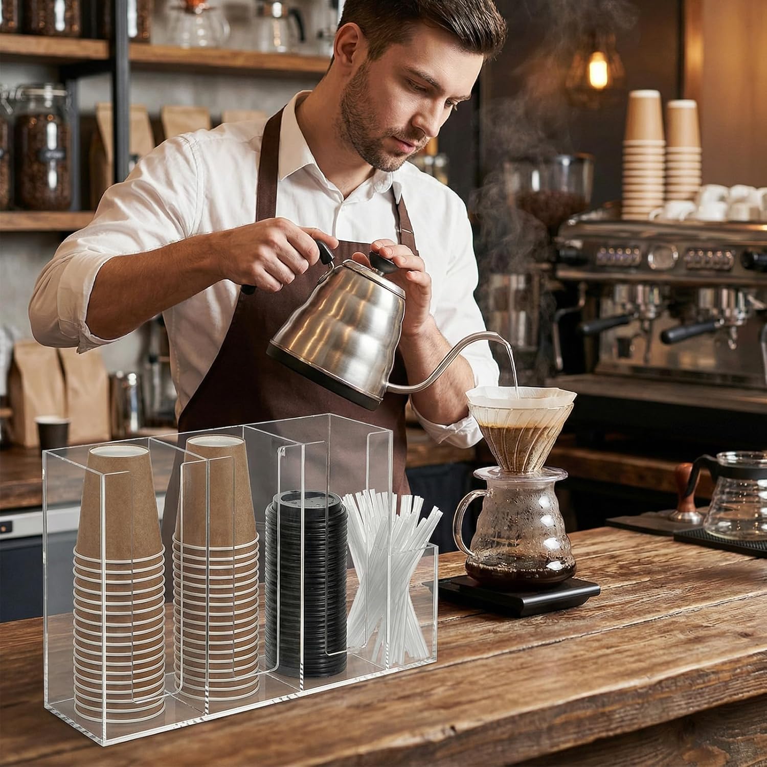4 Compartments Acrylic Coffee Cup and Lid Holder, Plastic Disposable Paper Cups Dispenser Organizer Clear Lid Straw Holder Accessories for Bar, House, Kitchen, Coffee