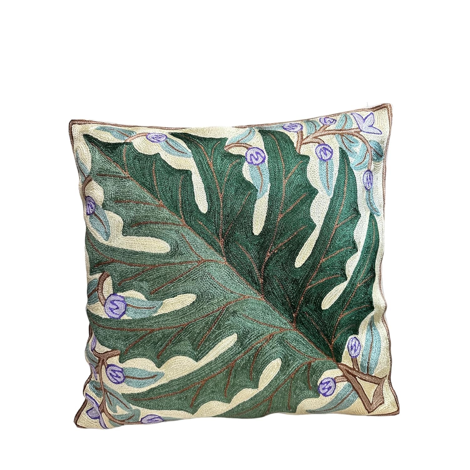 PR INTERNATIONAL Hand Embroidered Decorative Cushion Cover Modern Art Abstract Leave Design Perfect For Living Area, Bedroom, Car, Sofa