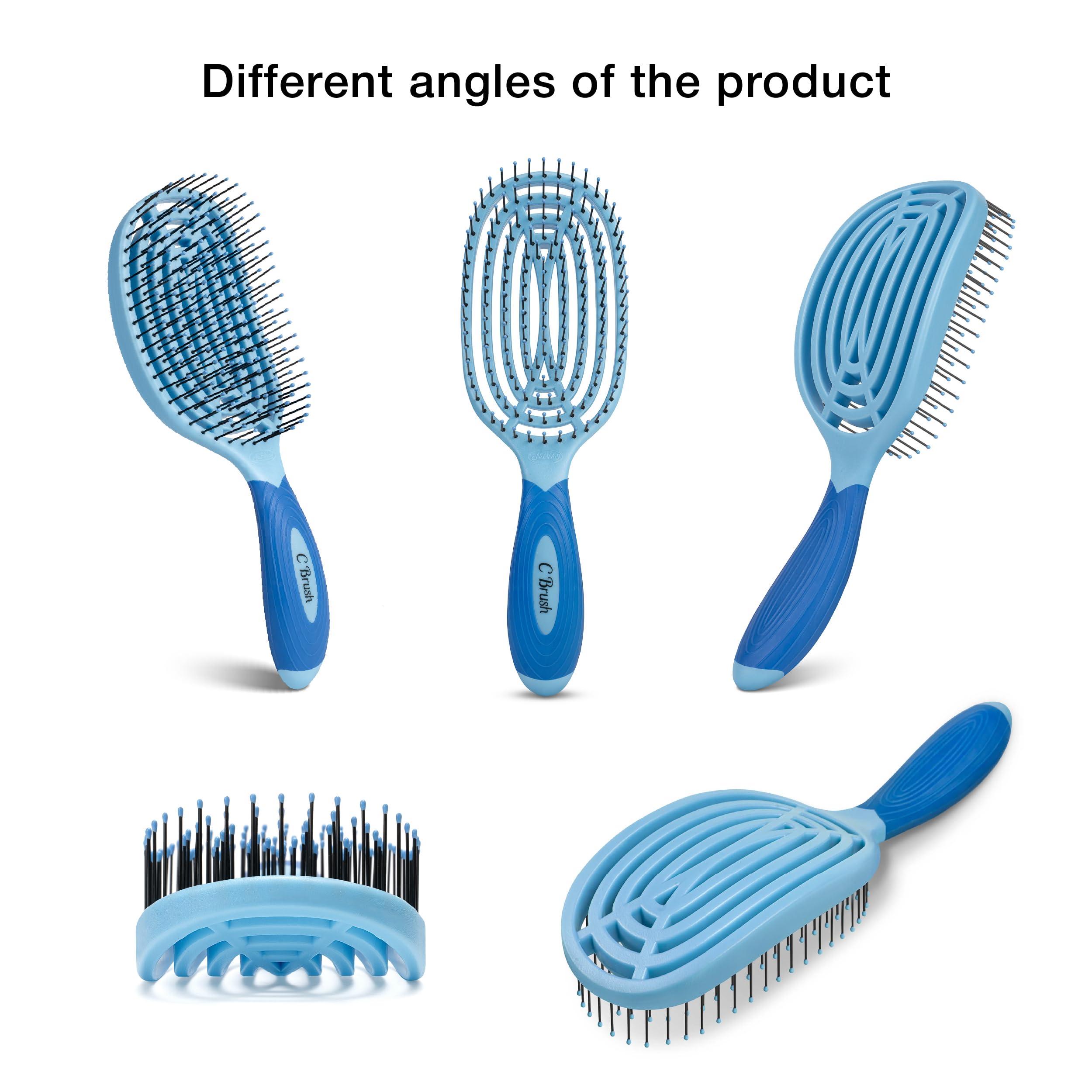NuWay® C Brush® - Cepillo patentado para el cuidado del cuero cabelludo, diseño curvado ergonómico para un masaje suave del cuero cabelludo, peinado en seco y cabello húmedo o seco (azul cielo)