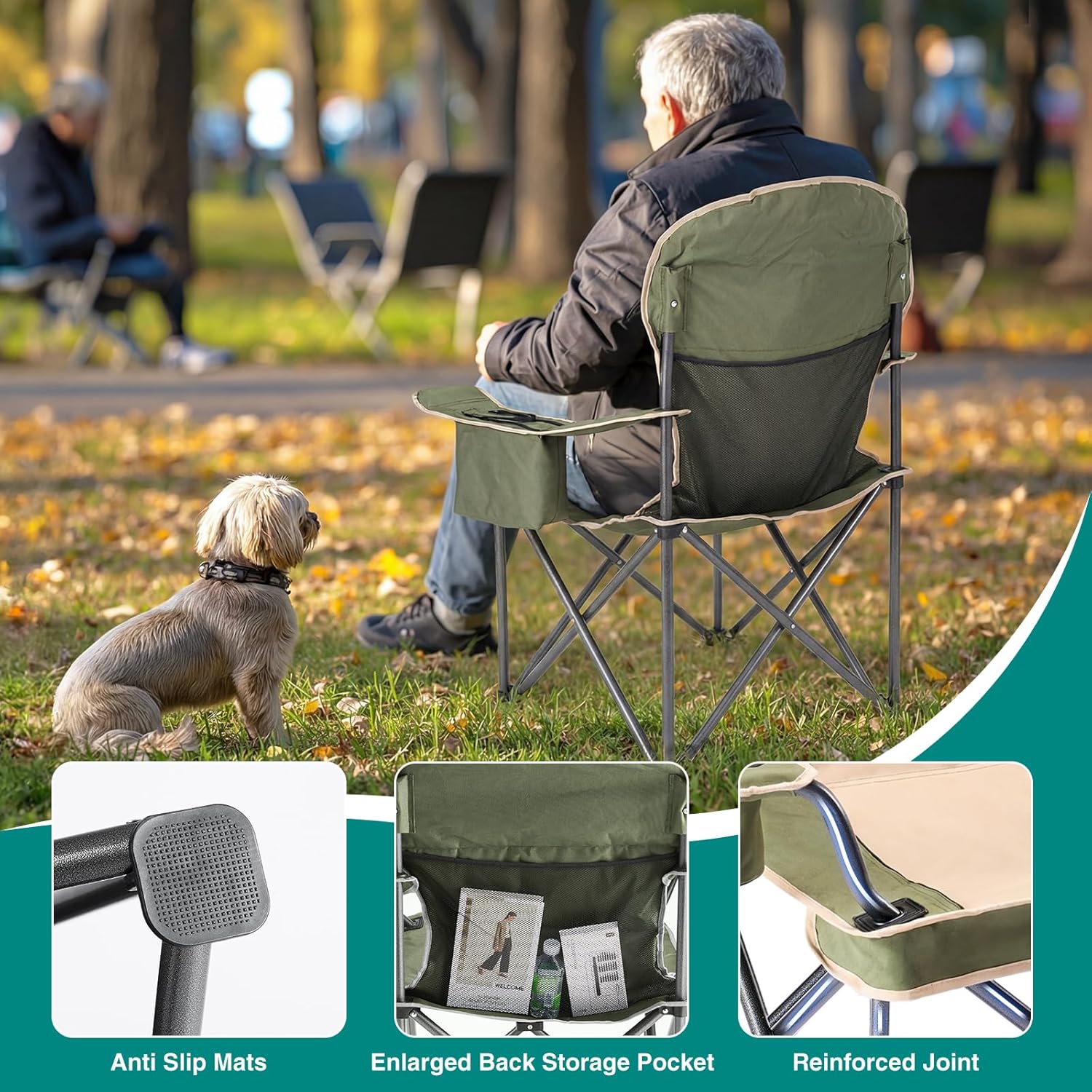 OLIXIS Folding Camping Chair, Portable Collapsible Chair with Cup Holder, Non-Slip Feet, Heavy Duty Lawn Chair for Hiking Beach Sports, Cooler Bag, Thicken 300D Oxford, 500 LBS, Green