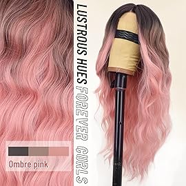 AISI HAIR Ombre Pink Wig for Women, Long Wavy Lace Hairline Middle Part Synthetic Heat Resistant Wig for Daily Party-26 Inch