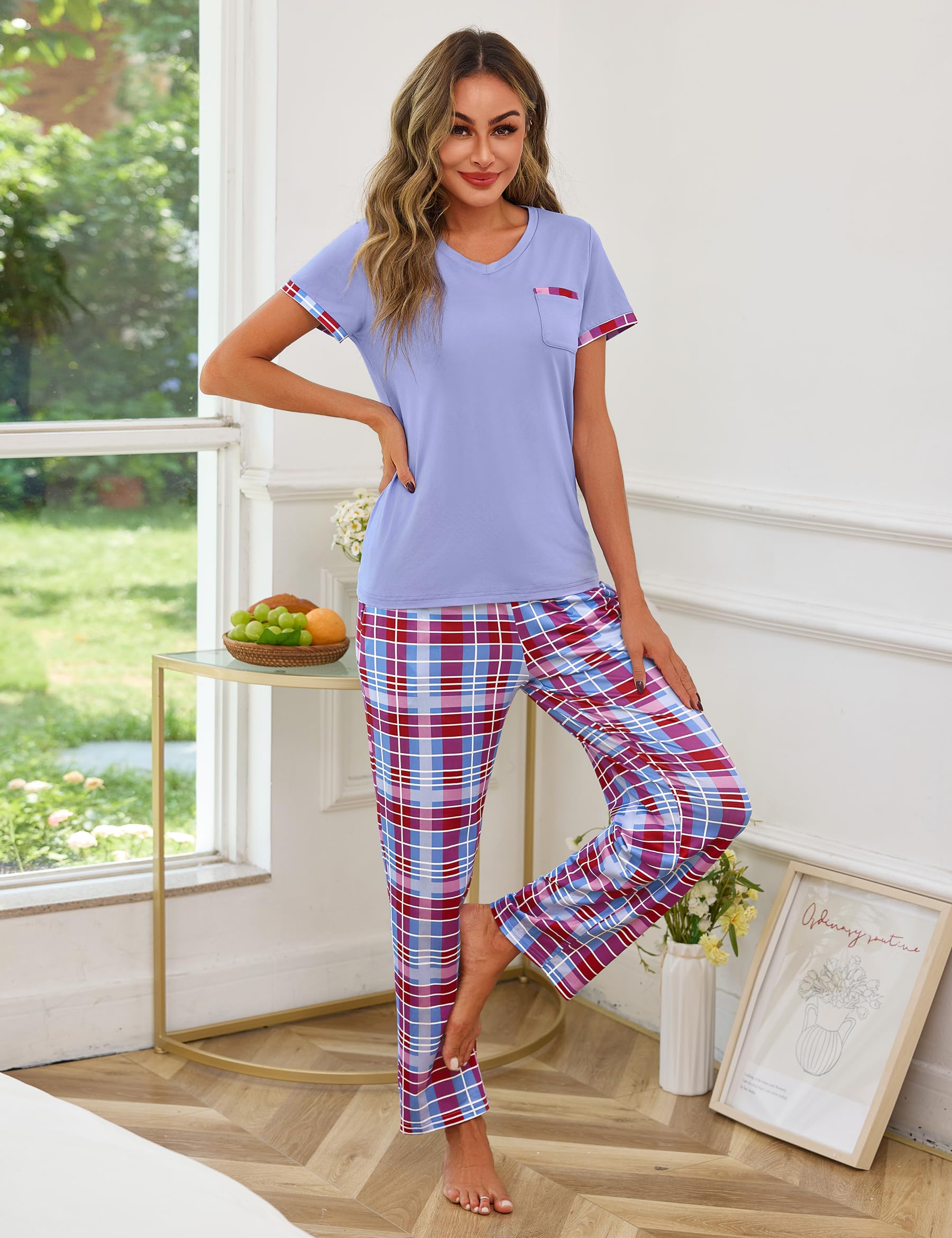 Ensemble de Pyjama Femme Coton Manche Courte Haut Uni avec Poche et Bas à Carreaux Ceinture Ajustable Vêtements de Nuit Confortables