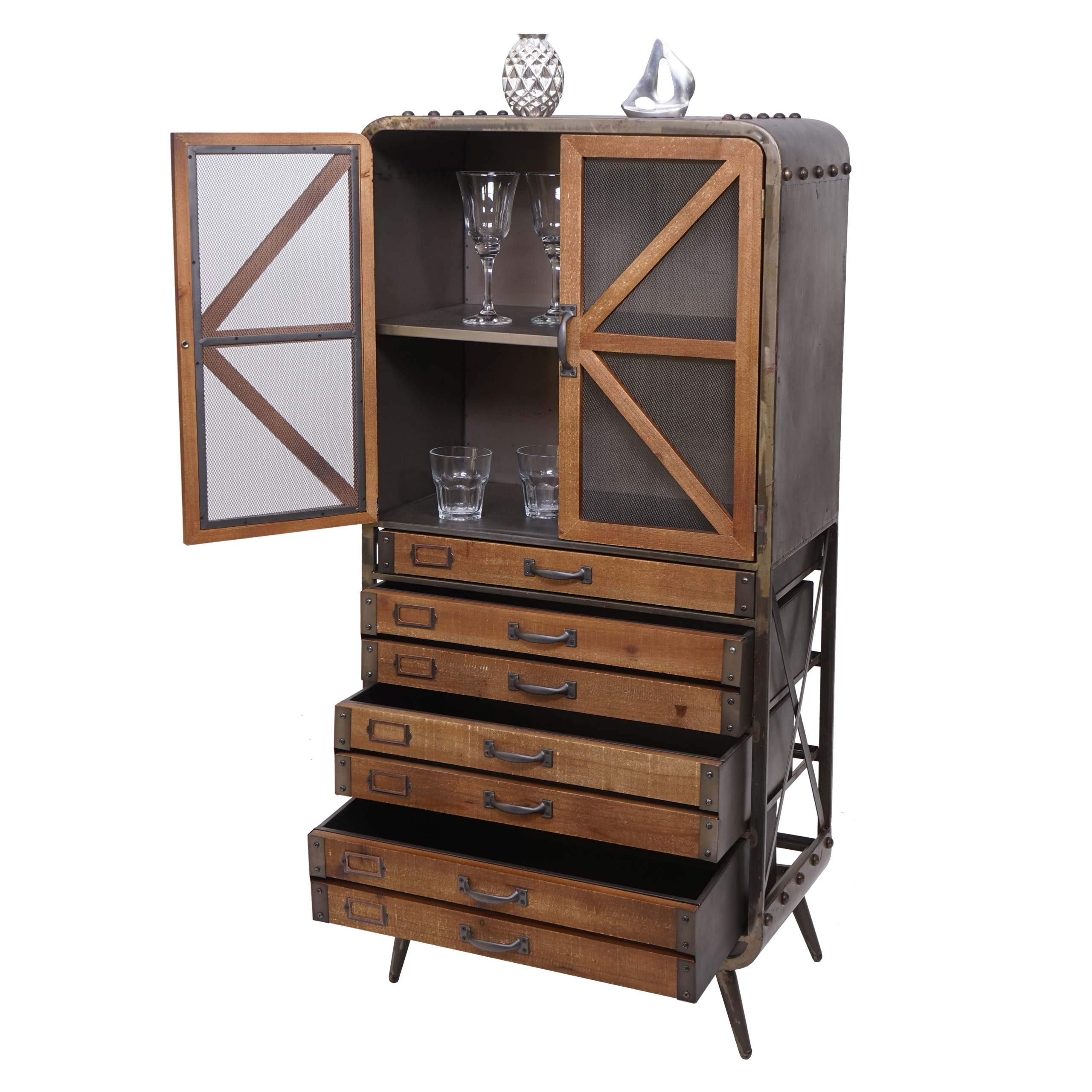 Mendler Hochschrank HWC-F91, Apothekerschrank Wohnzimmerschrank, Industrial Tanne Holz Metall 128x60x33cm, braun-schwarz
