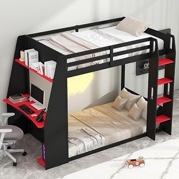 VilroCaz Modern Twin Size Gaming Loft/Bunk Bed with Desk and Storage Shelves, Multi-Functional Wood Loft Bed Frame with USB and LED Light, Maximize Space Saving Black-Red dz, Twin