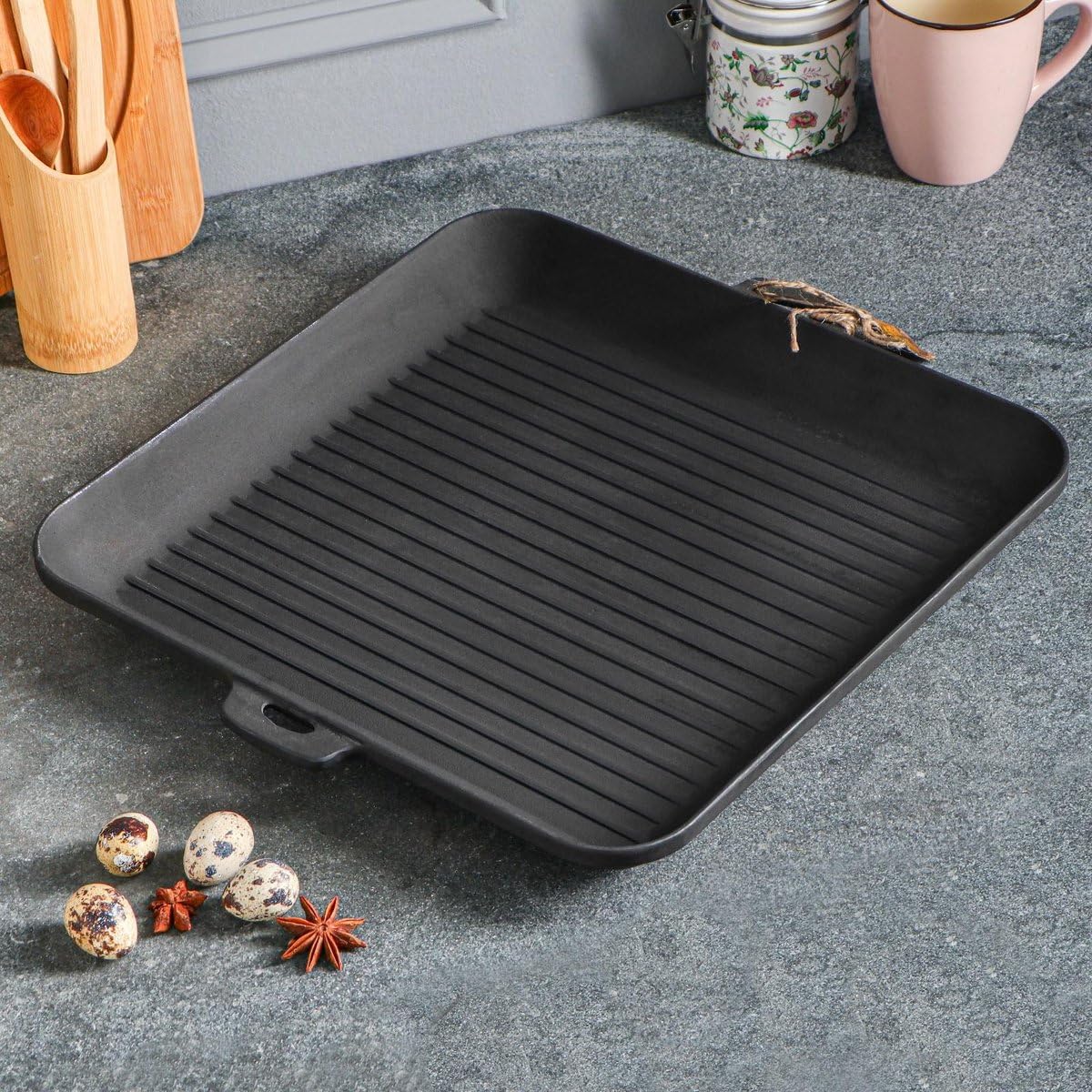 Piastra Grill in Ghisa 35x35 cm – Adatta per Induzione, BBQ e Gas – Senza PFAS – Accessorio Grill – Piastra Quadrata – Nera