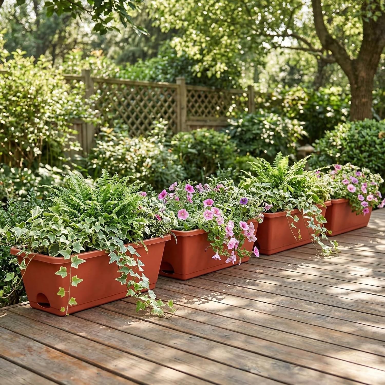 Red Window Box Planters, 7 Pack Rectangular Plastic Flower Planters Boxes with Saucers, 17 Inches Vegetable Planting Pots for Indoor Outdoor Garden, Patio, Windowsill, Home Decor