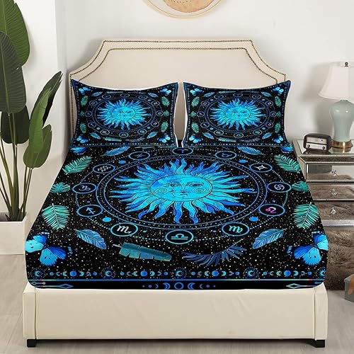 Miniatura 3 de Erosebridal Juego de sábanas Sun and Moon Queen de bohemio azul Tie Dye con doce constelaciones, juego de sábanas zodiacales y fundas de almohada,