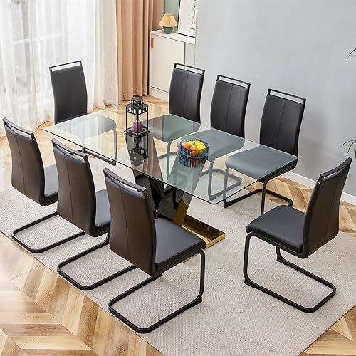Miniatura 35 de Juego de mesa de comedor de vidrio de 71 pulgadas para 6, juego de mesa de comedor para 6, mesa de cocina moderna y 6 sillas de PU, parte superior
