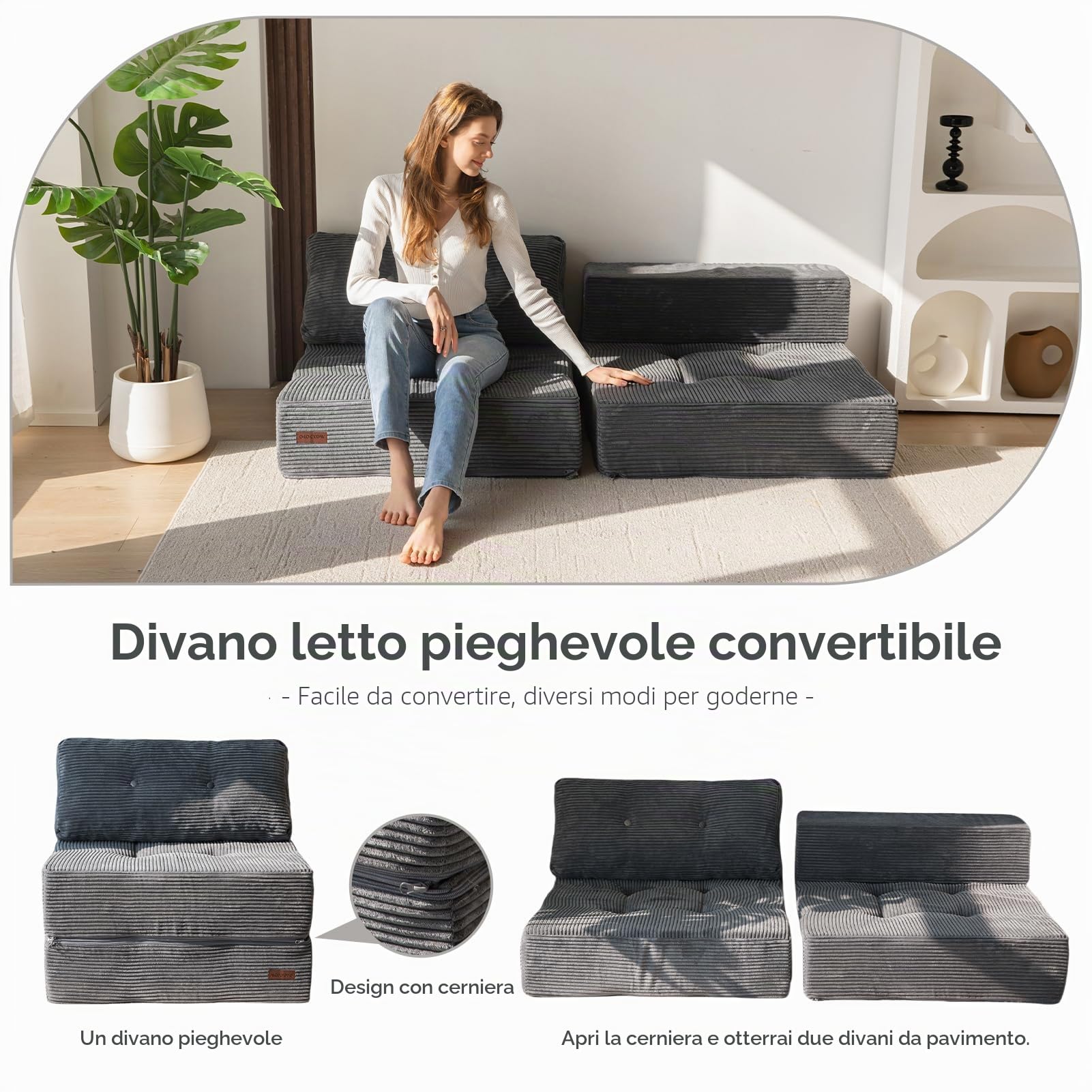 MAXYOYO Divano pieghevole con funzione di sonno, divano letto convertibile con schiuma di supporto ad alta densità, sedia pieghevole portatile 4 in 1 che si trasforma in un lettino da pavimento