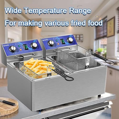 Miniatura 2 de Iproods Freidora eléctrica con cesta y tapa, freidora de cocina de acero inoxidable para uso comercial y hogar, con temperatura y tiempo ajustables,