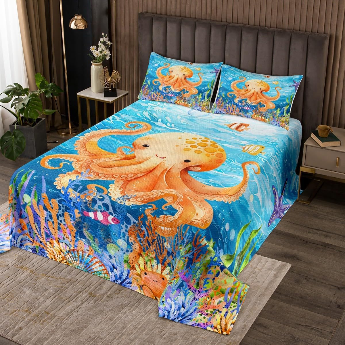 Feelyou Blue Jellyfish Bedspread for Toddler Girls Boys Kids Queen Size Ocean Quilted Coverlet Room Decor Sea Creature Underwater World Coverlet Set Marine Life Sealife Quilted Quilt Set