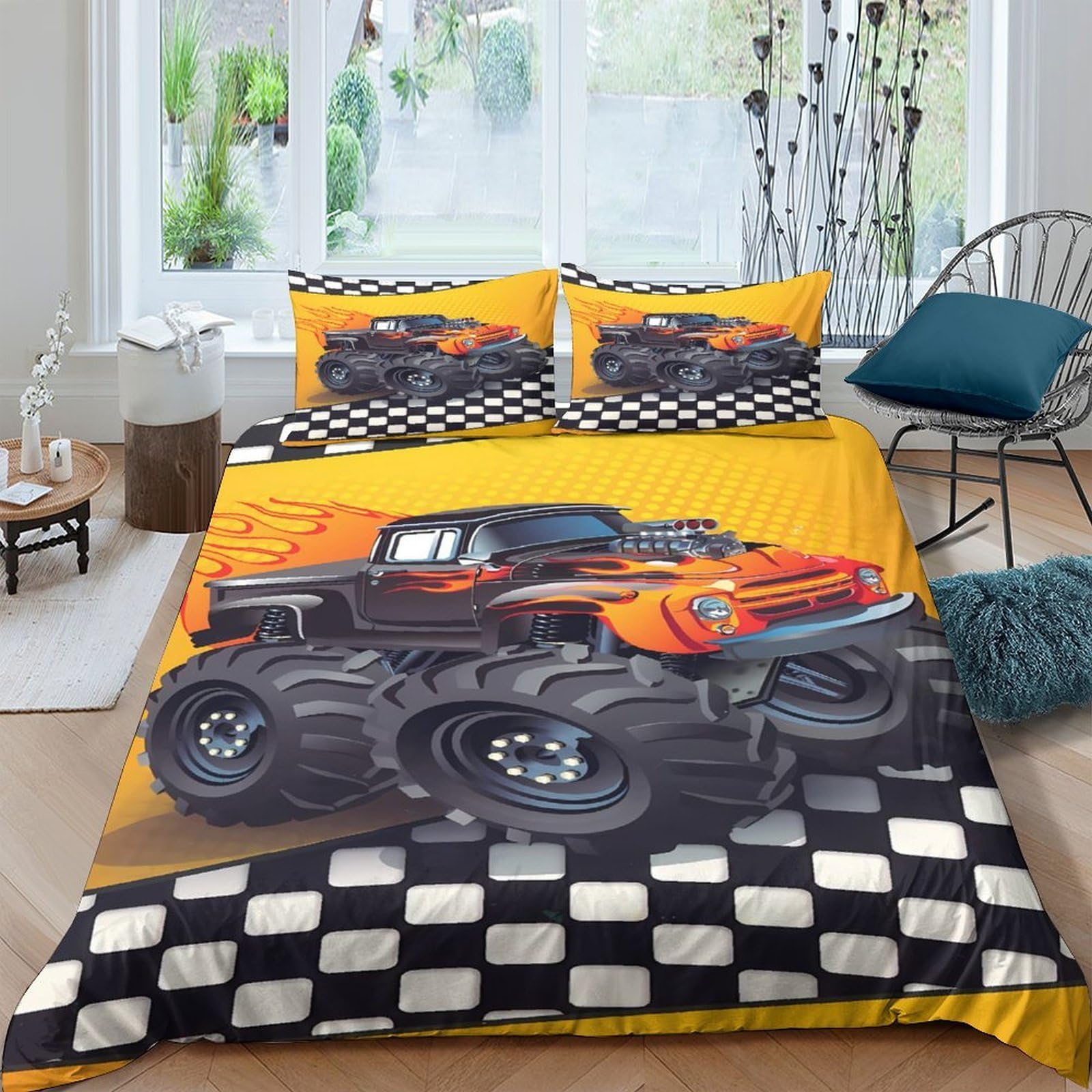 TUFRTGYHN 3D Printed Monster Truck Duvet Cover Microfiber Soft Breathable Race Car Bedding Set with 2 Pillowcases for Bedroom Decor Single（135x200cm）