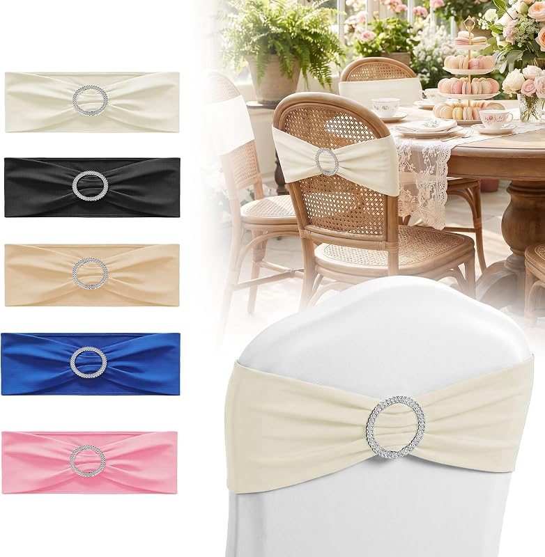 UISEBRT 10 fiocchi elastici per sedia con fibbia con strass, fascia per sedia in spandex con anello a diamante, fiocco elastico per sedia per matrimoni, compleanni, feste, decorazioni, avorio