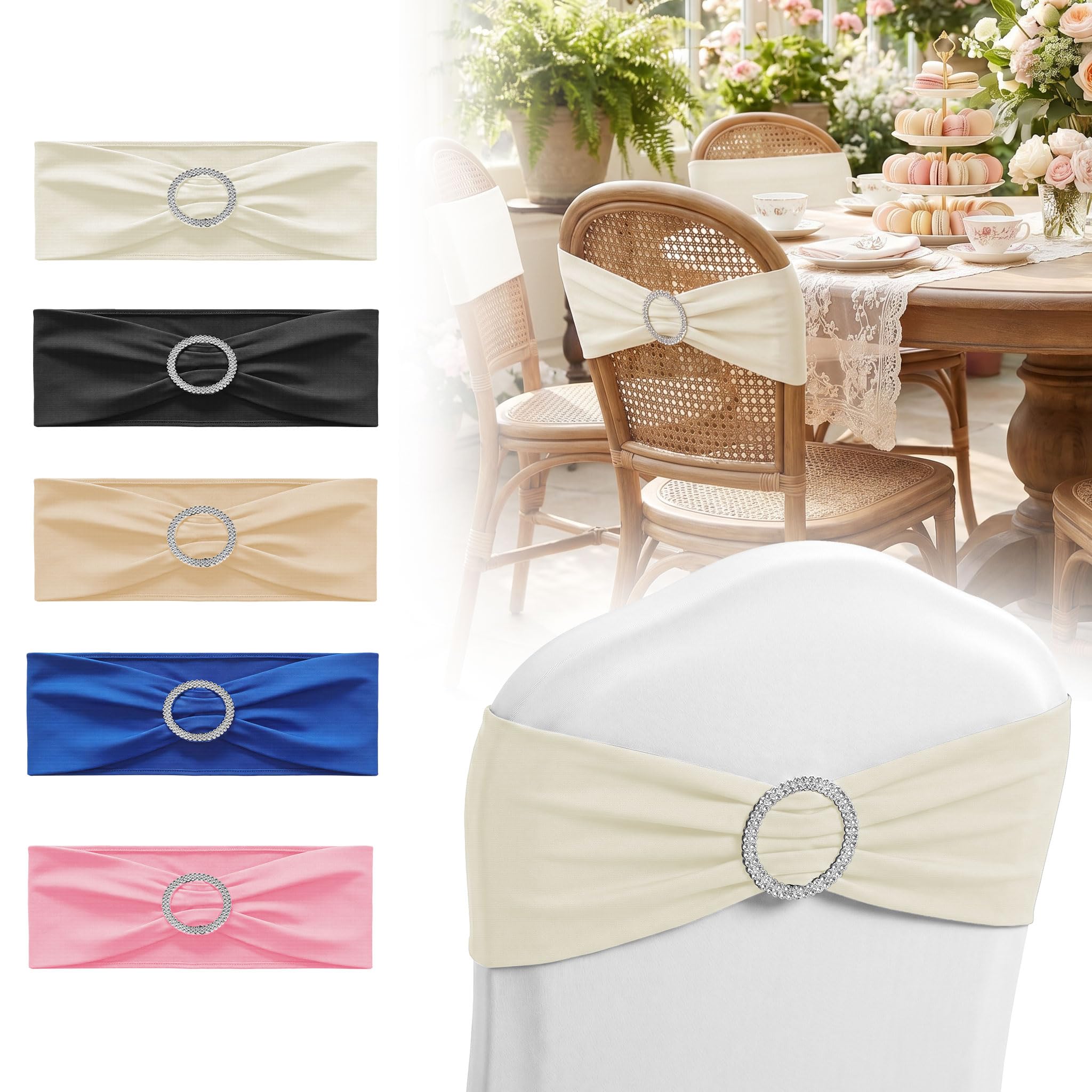 UISEBRT 100 Stück Elastische Stuhlschleifen mit Strass-Schnalle,Stuhl Bänder Spandex-Stuhlschärpe mit Diamant-Ring,Dehnbare Stuhlschleife für Hochzeit, Geburtstag, Party, Dekoration,Elfenbein