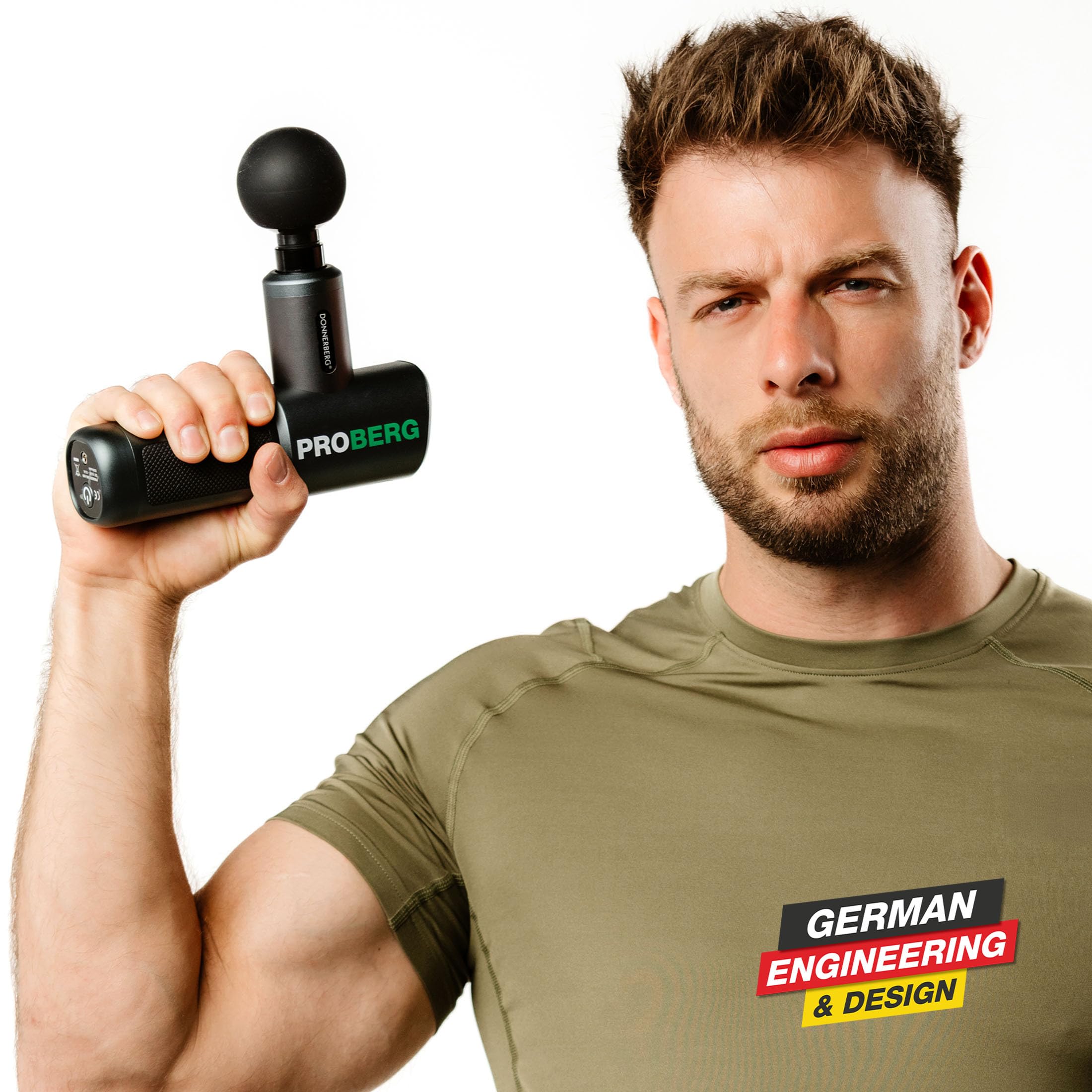 DONNERBERG® Proberg Pistola Massaggiante Professionale Per Tessuti Profondi | Ampiezza Di 12 mm, 24 kg Di Forza, Batteria Samsung Da 3500 mAh, 7 Testine In Silicone, Garanzia Motore 7 Anni