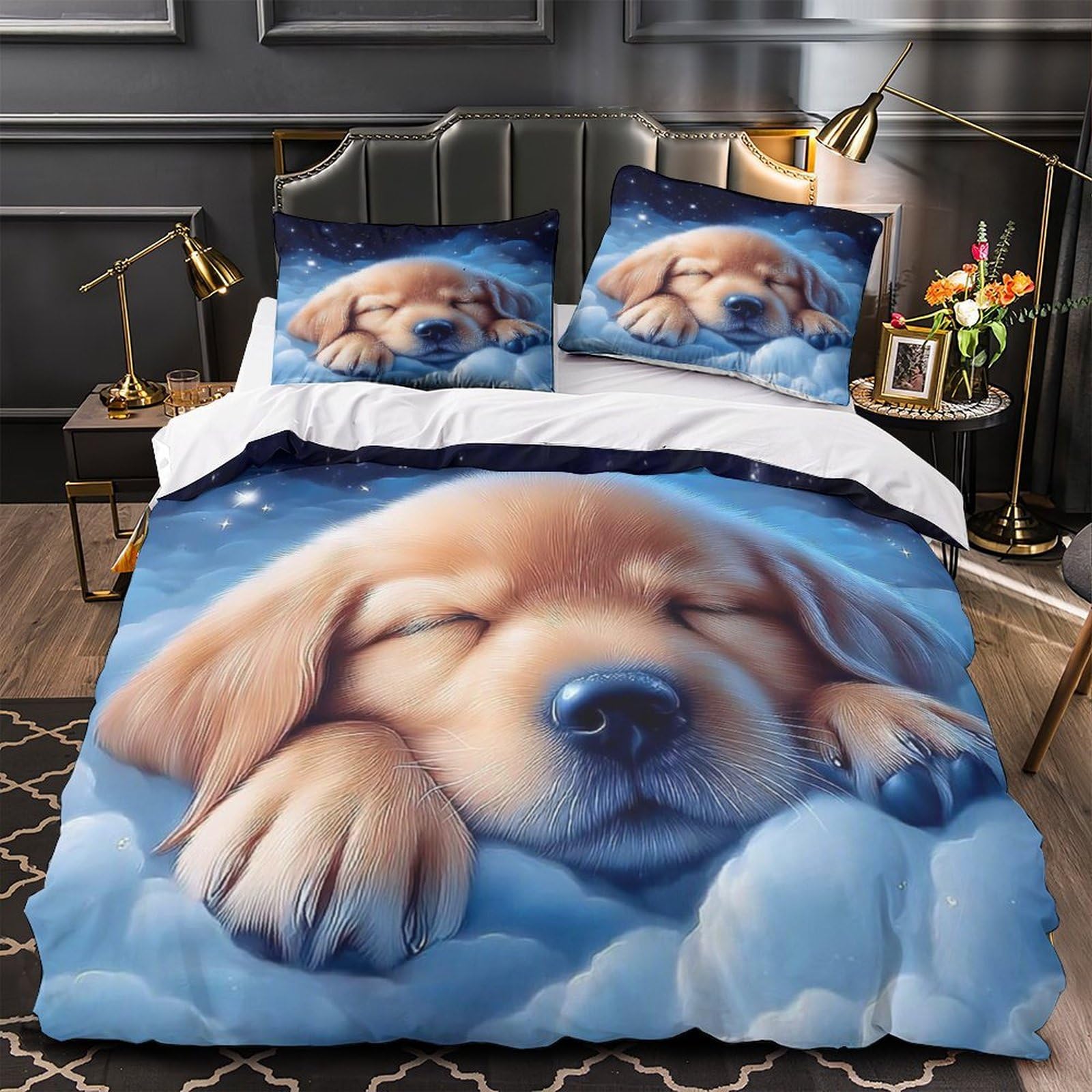 Housse de couette chiots pour lit double parure lavable et infroissable pour parents pressés