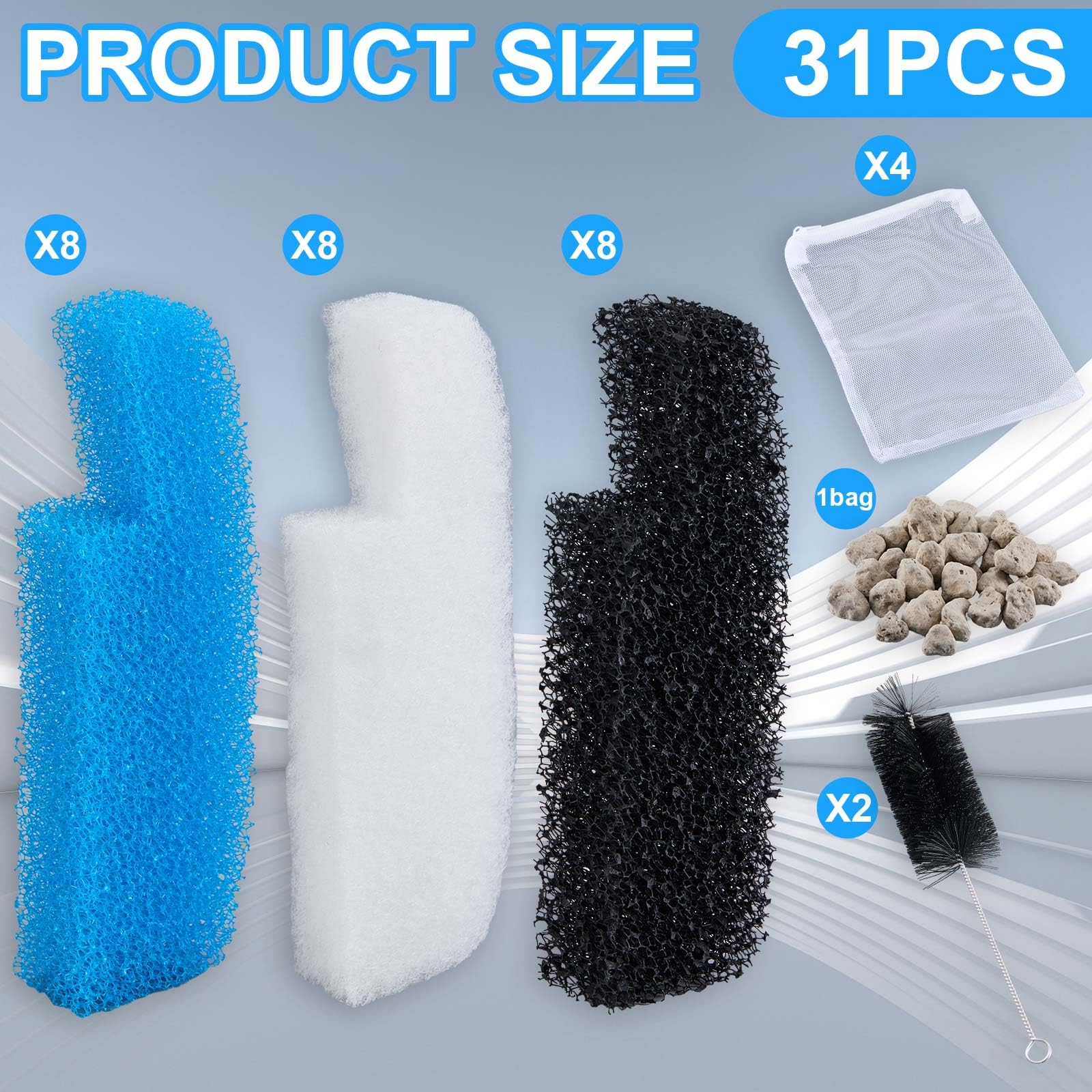 Threlaco Kit di 31 filtri compatibili con filtri elettrici Seachem Tidal da 35 galloni, spugna di ricambio per acquario a tre fasi, tampone a carbone attivo, supporti biologici con sacchetti a rete e