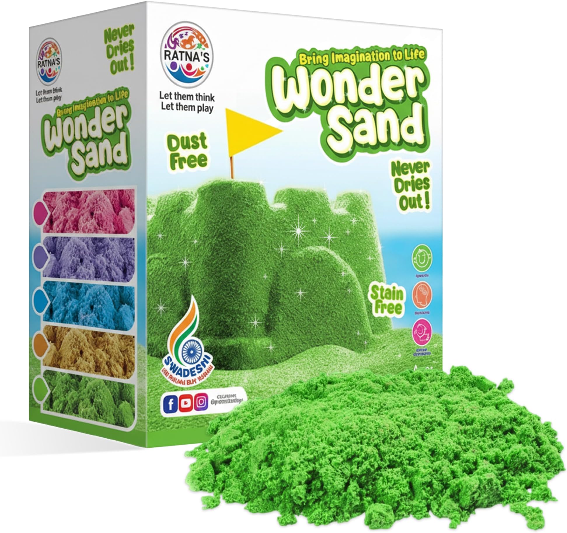 RATNA'S Wonder Sand 500g Smooth Sand for Kids with One Big Mould (Without Tray) (Green Color) - Non-Sticky, Easy-to-Shape Sand for Creative Play