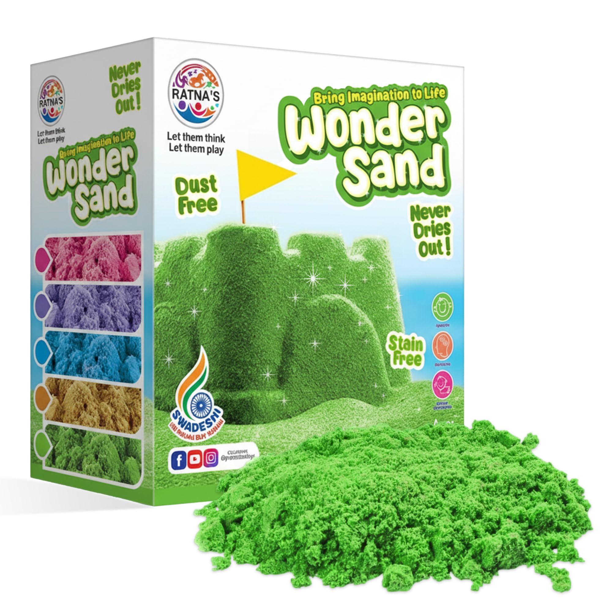 RATNA'S Wonder Sand 500g Smooth Sand for Kids with One Big Mould (Without Tray) (Green Color) - Non-Sticky, Easy-to-Shape Sand for Creative Play