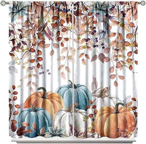 Miniatura 7 de Cortinas de cocina de calabaza otoñal, rústicas, de otoño, hojas de acuarela, impresiones artísticas opacas con bolsillo para barra, cortinas de