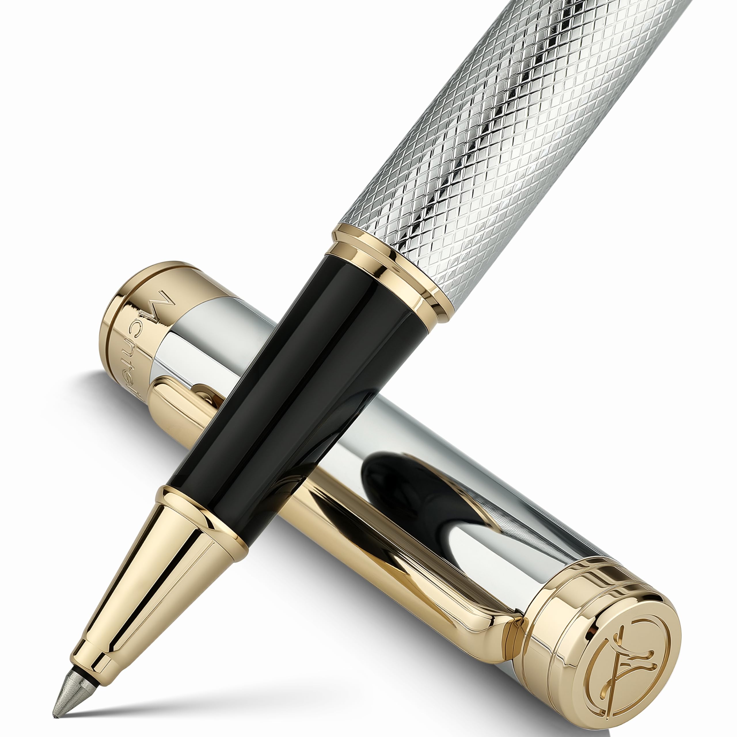 MCNTEIK Luxury Rollerball Pen with Mesh Texture, Schmidt Black Ink Refill, Executive Gift Set for Men & Women, Business Signature Pen, Executive, Office, Nice Fancy Designer Pens, Silver Chrome