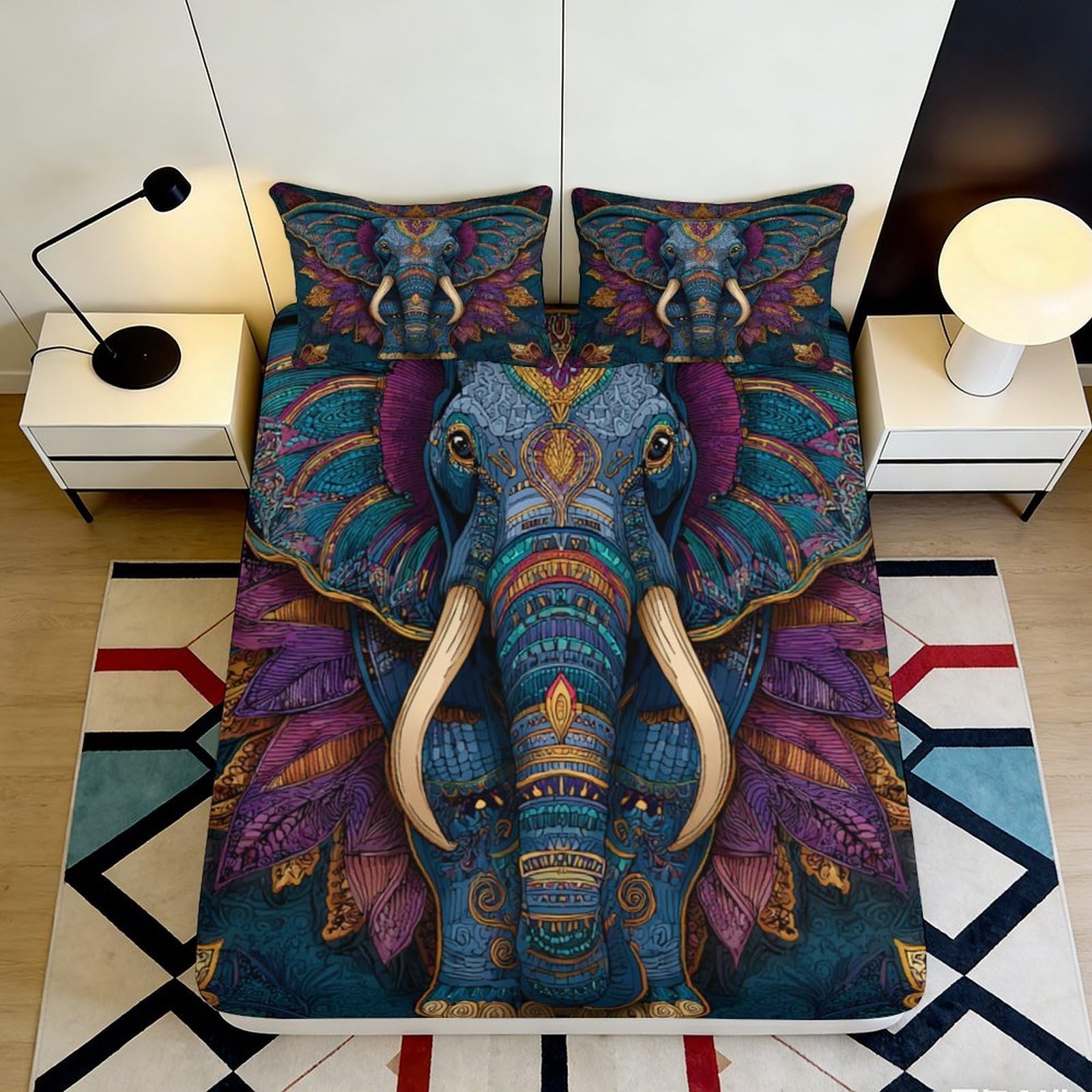 3D Printed Vibrant Elephant Fitted Sheet Microfiber Soft Anti-Slip Exotic Jungle Bed Cover for Bedroom Guest Room Decor 90x200x25cm