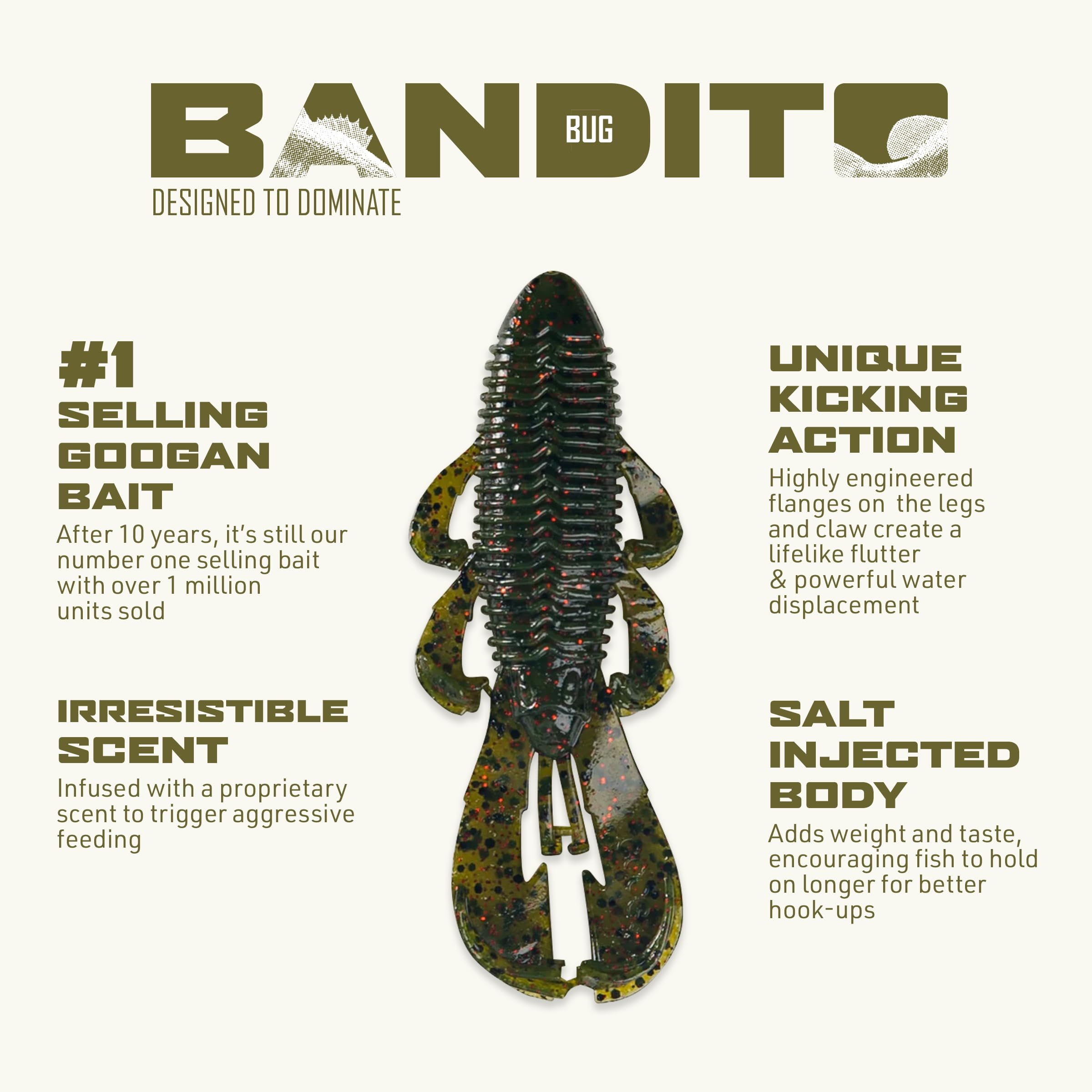 Googan Baits Bandito Bug Lot de 6 appâts de pêche naturels 10,2 cm
