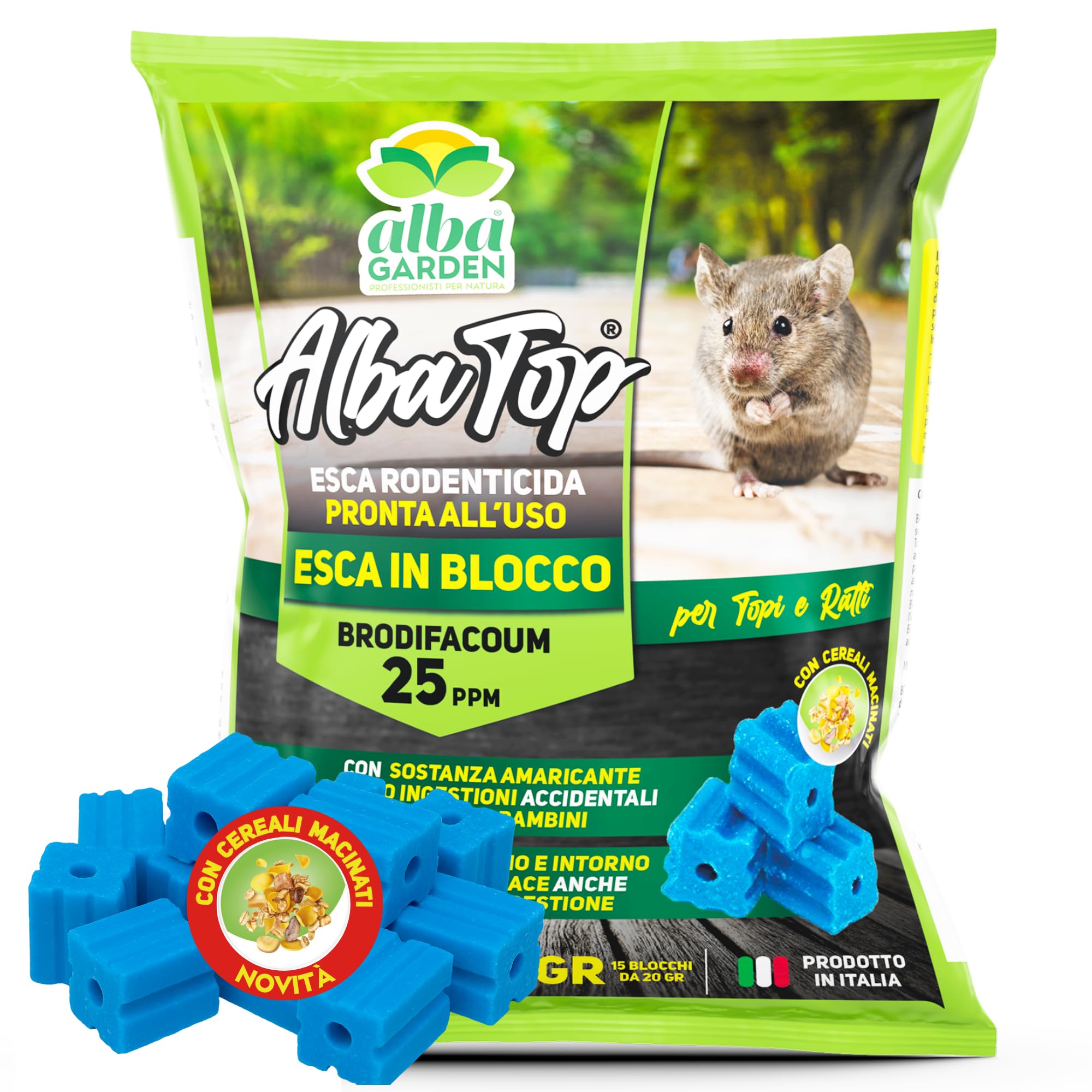 Albagarden - Veleno Per Topi Potente - Topicida In Blocchi - Esche Per Topi Utilizzabile Con Trappola E Ultrasuoni - Per Ratti Di Ogni Dimensione -15 Blocchi X 20 Gr