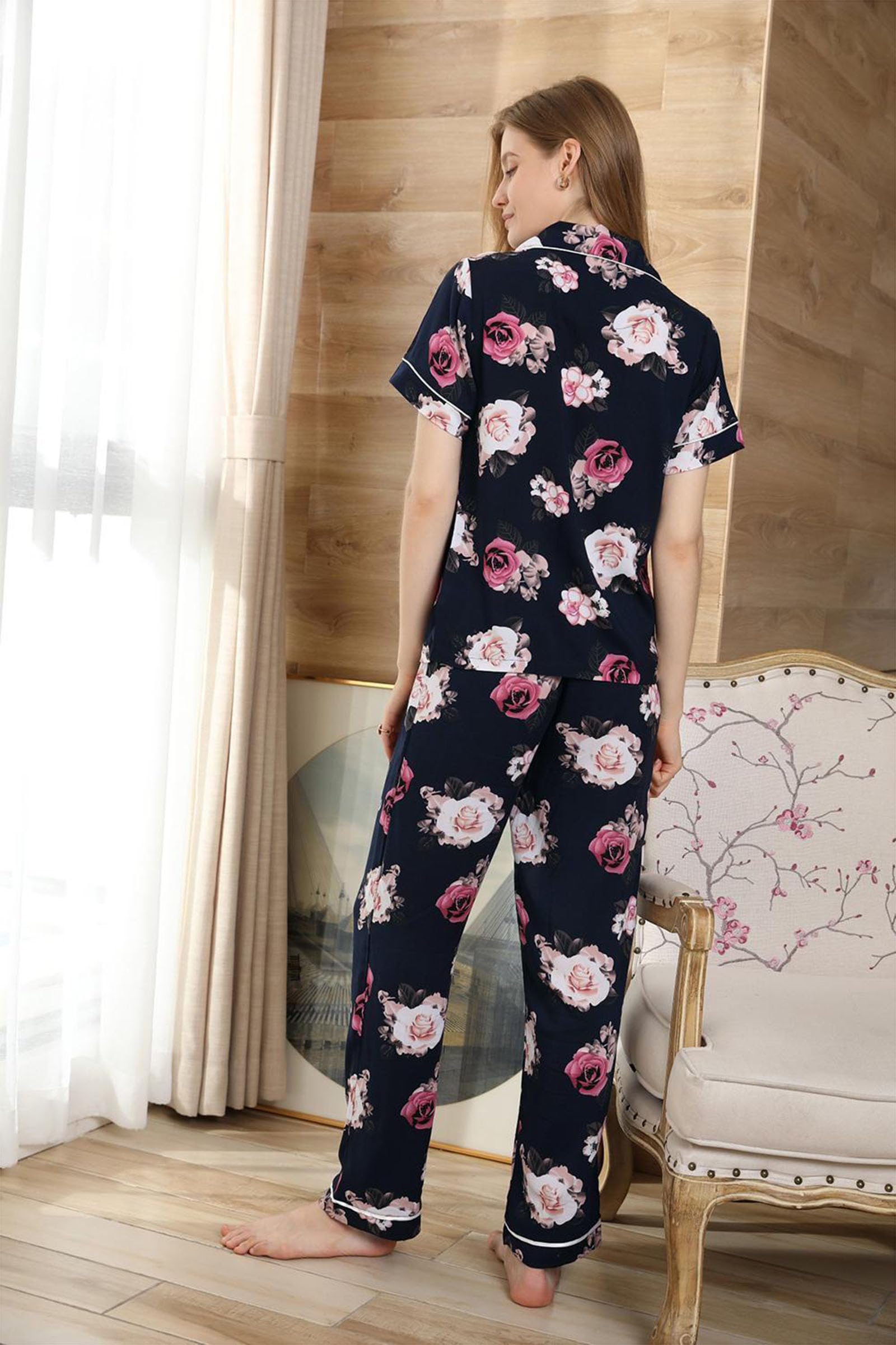 Femmes Manches Courtes Pyjamas Set Lapel Sleepwear Button Down Nightwear avec Pantalon Long Loungewear