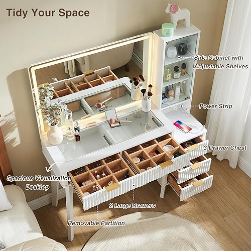 Miniatura 4 de T4TREAM Escritorio de tocador estriado de 48 pulgadas con espejo grande de 36 pulgadas y luces, moderna mesa de tocador grande con superficie de