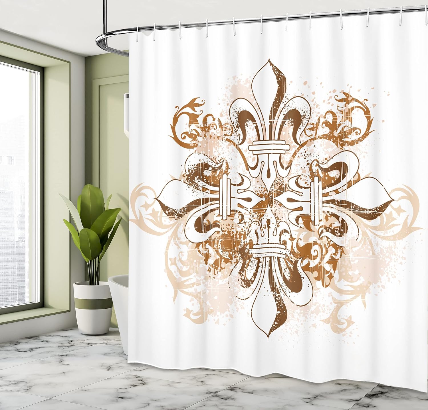 Ambesonne Fleur De Lis Shower Curtain, Antique Heraldry Vintage Floral Swirls Traditional Old Fashion, Cloth Fabric Bathroom Decor Set with Hooks, 69" W x 70" L, Brown White