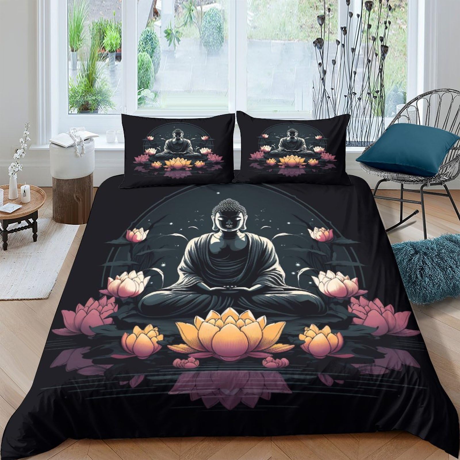 Parure de lit Bouddha 3D housse de couette microfibre 200x200 cm respirante 3 pièces