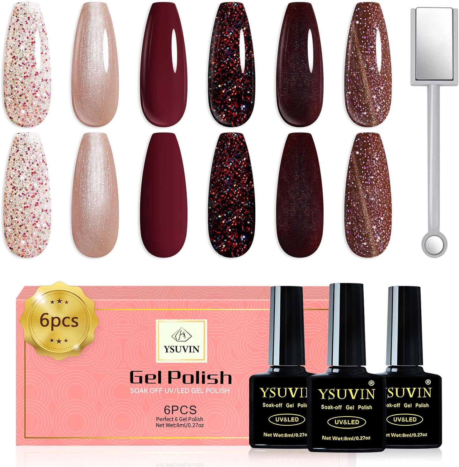 YSUVIN Nagellak Set – 6 Kleuren Bourgondië Glitter Nude Bruin Rood Gel Polish – Soak-Off UV Voor Beginners DIY Nail Art Manicure Salon – Langdurig, 8 ML