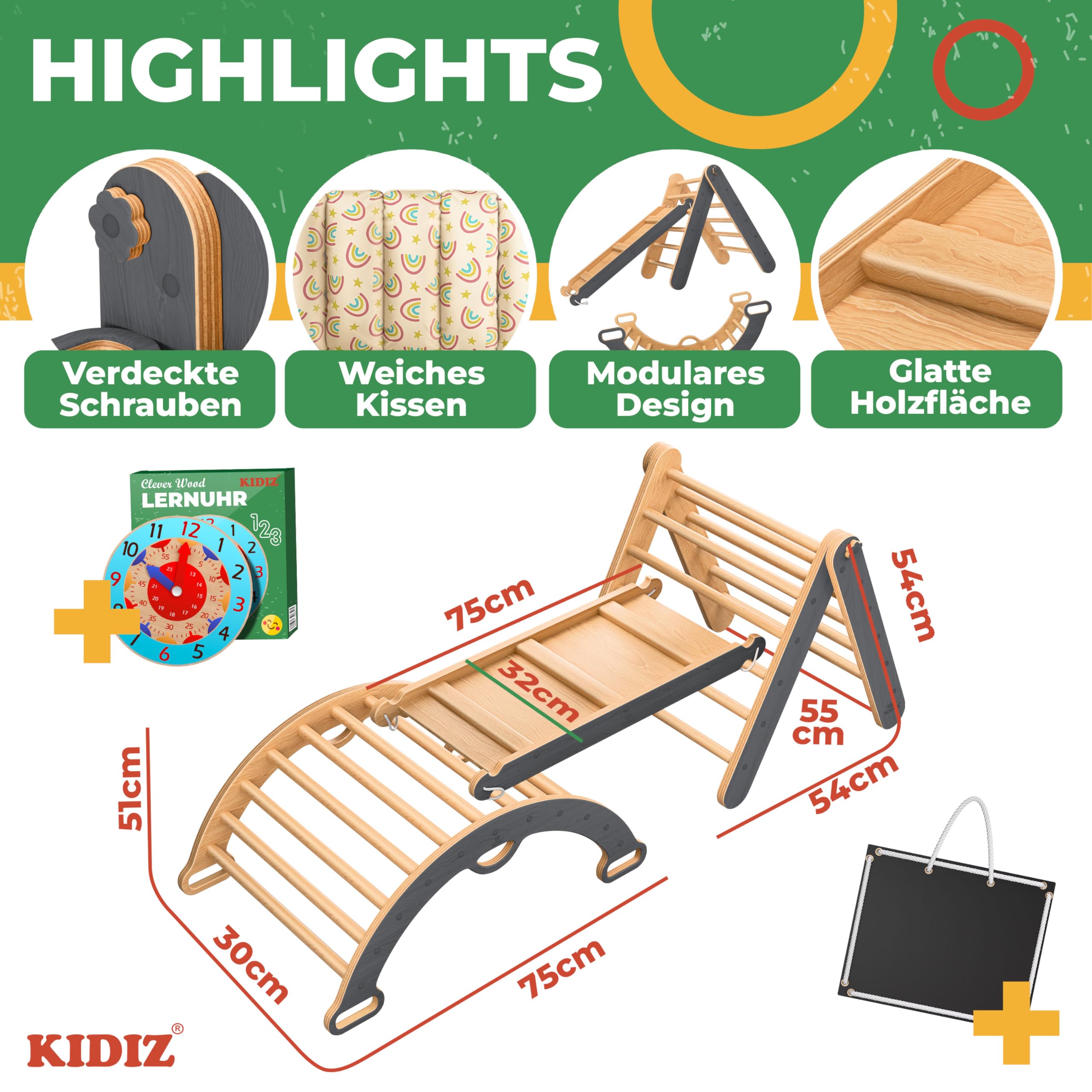 Kidiz® Klettergerüst Montessori 7in1 Spiel-Set mit Kletterbogen Rutsche Kletterdreieck aus Holz inklusive Kissen, Tafel & Lern-Uhr | Indoor Spielplatz für Kleinkinder ab 1 Jahr & Kinder bis 3 Jahre